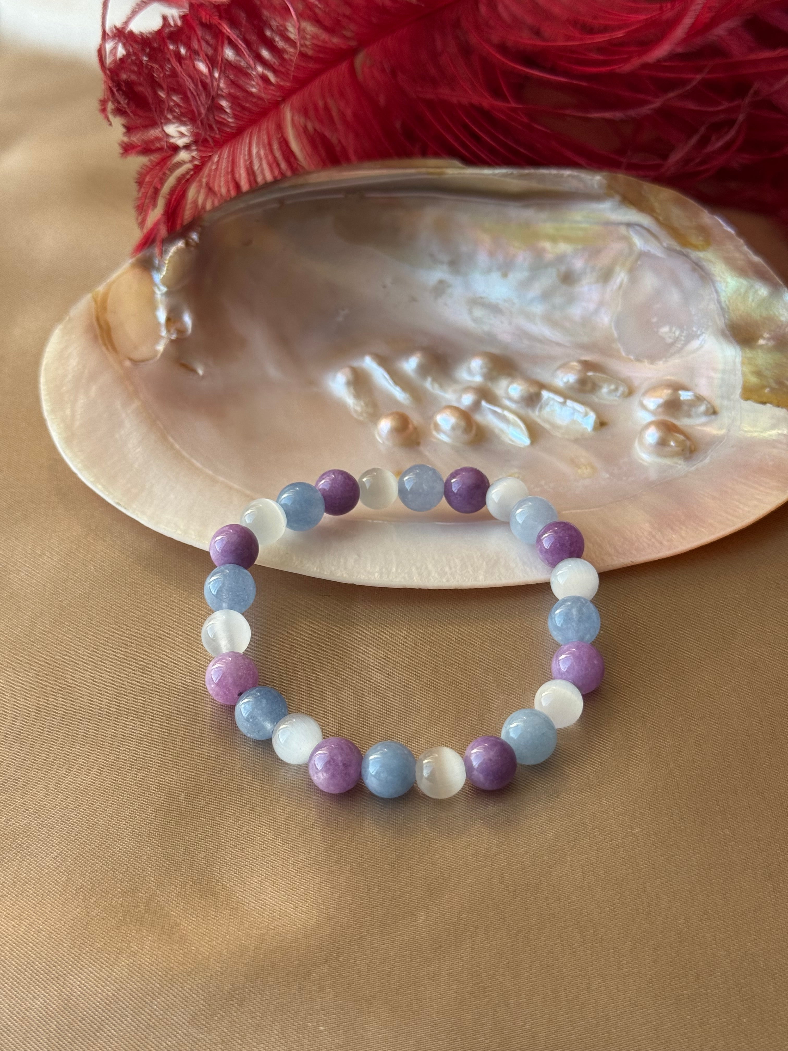 Ametist & Angelit & Selenit Angel Bileklik (8 mm)