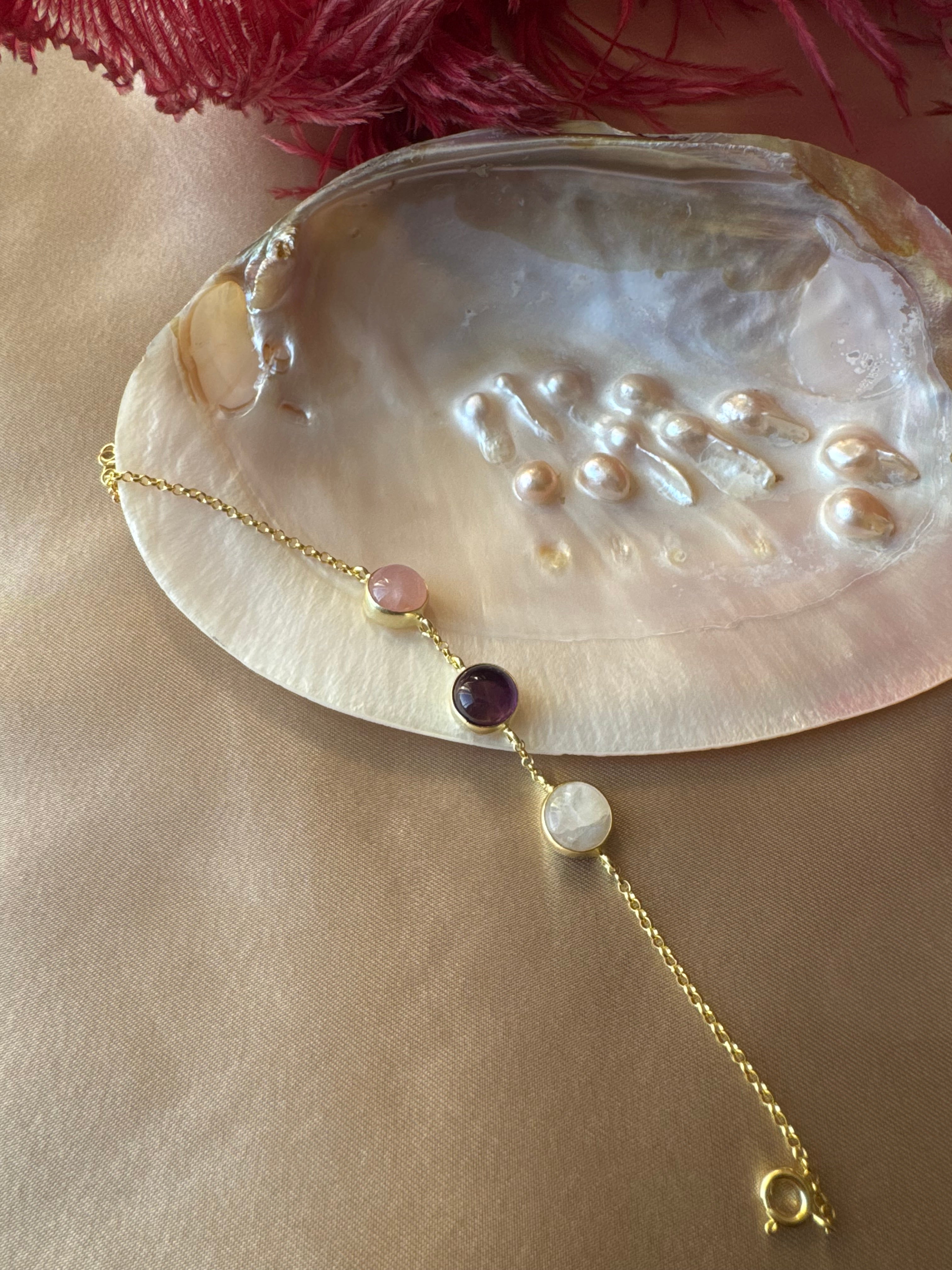 Ay Taşı & Pembe Kuvars & Ametist Trinity Gold Bileklik