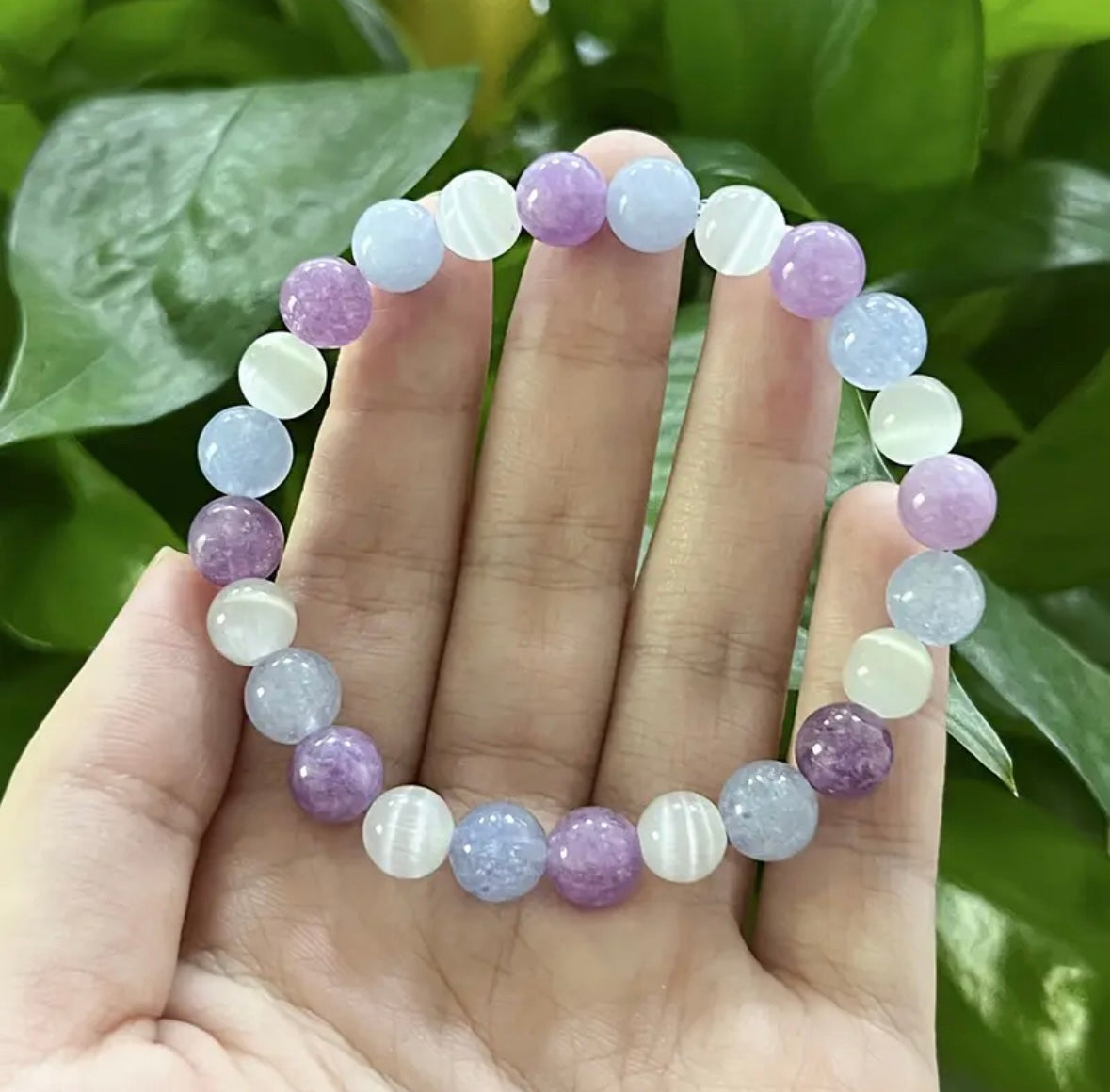 Ametist & Angelit & Selenit Angel Bileklik (8 mm)