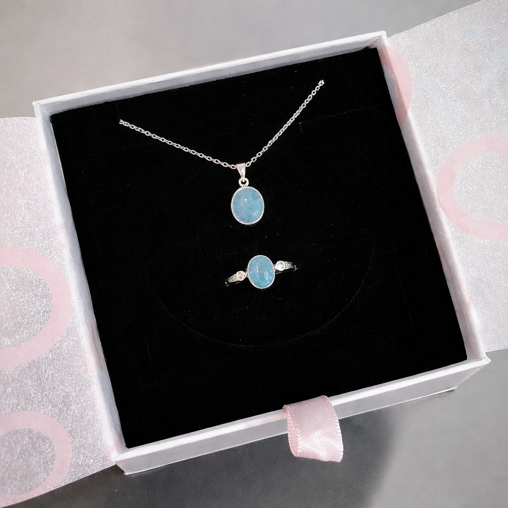 Akuamarin Minimal Kolye & Yüzük Set (Gümüş)