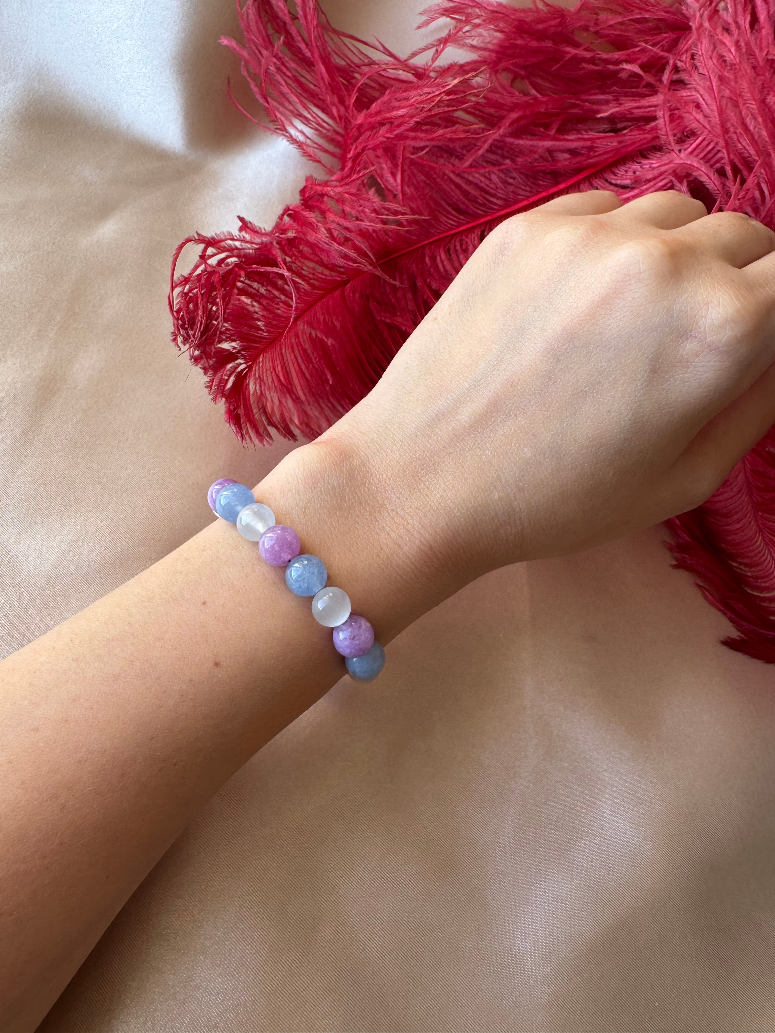 Ametist & Angelit & Selenit Angel Bileklik (8 mm)