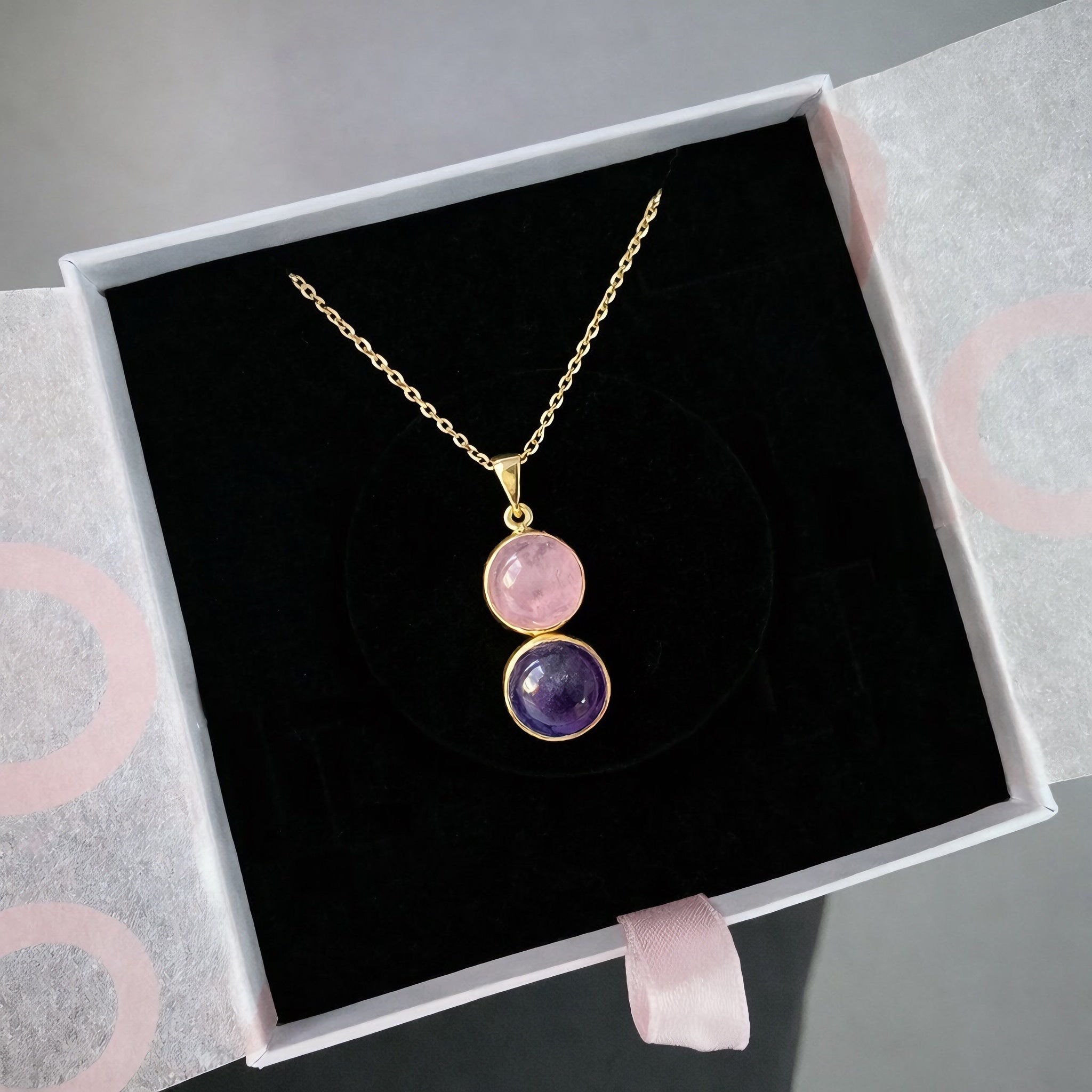 Pembe Kuvars & Ametist Twin Flame Gold Kolye
