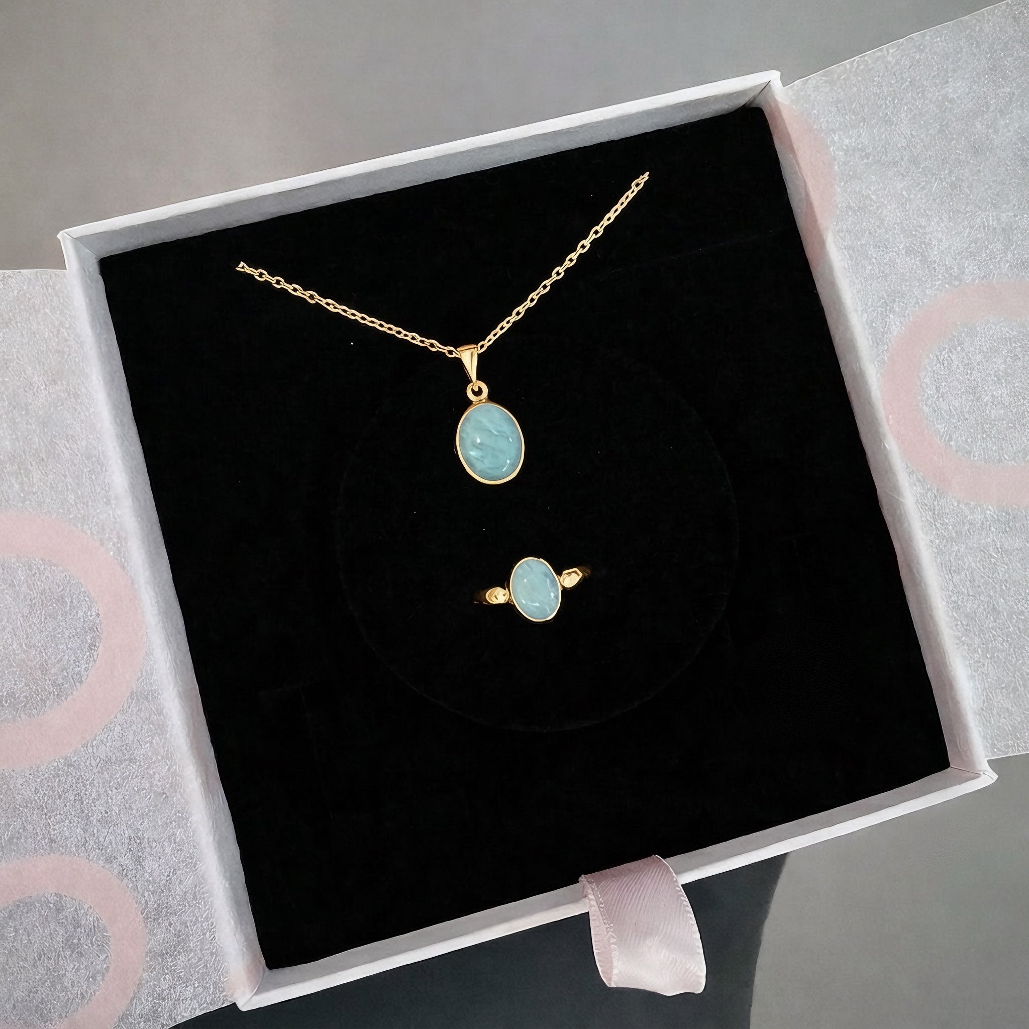 Amazonit Minimal Kolye & Yüzük Set (Gold)