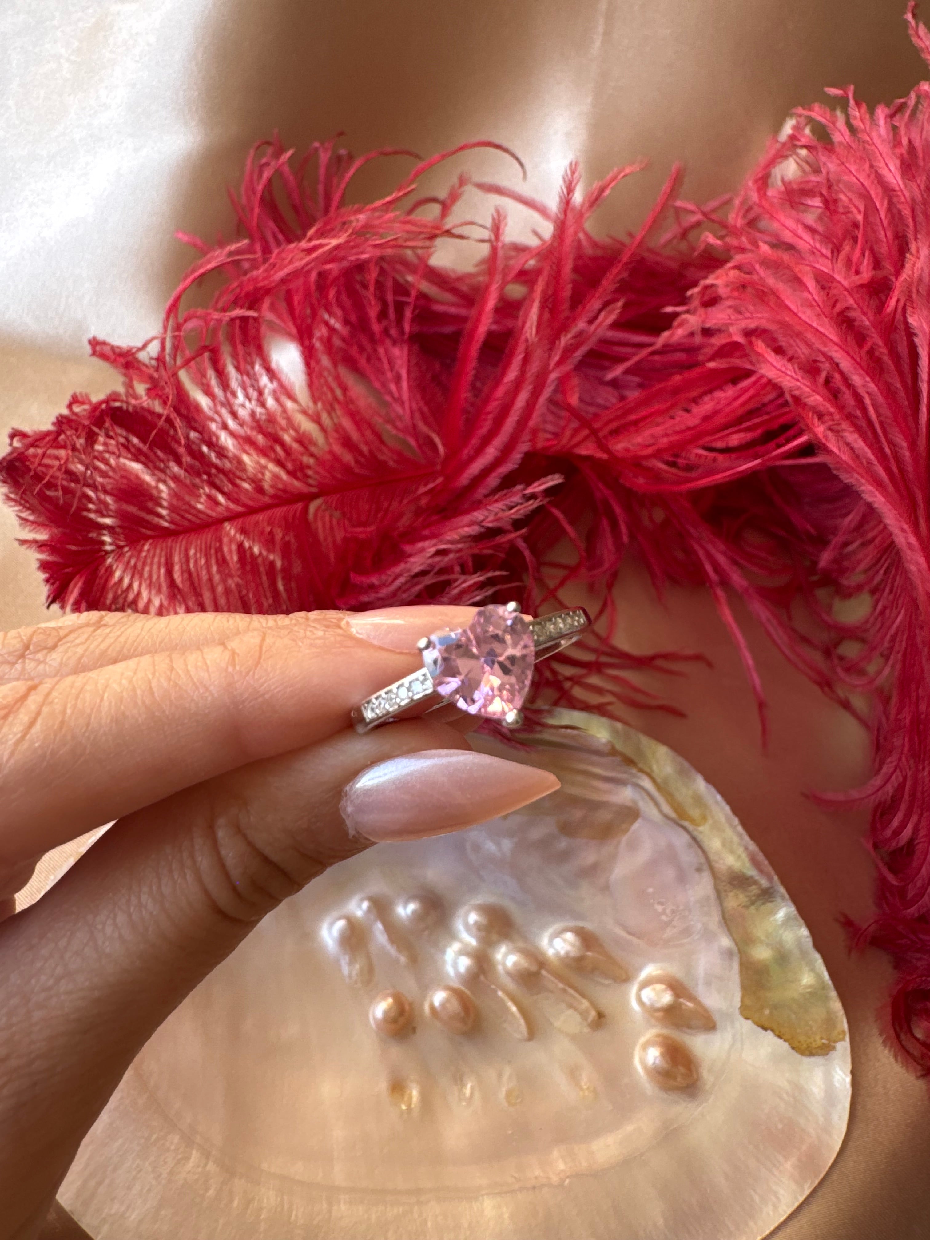 Pembe Kuvars Kalp Gümüş Yüzük