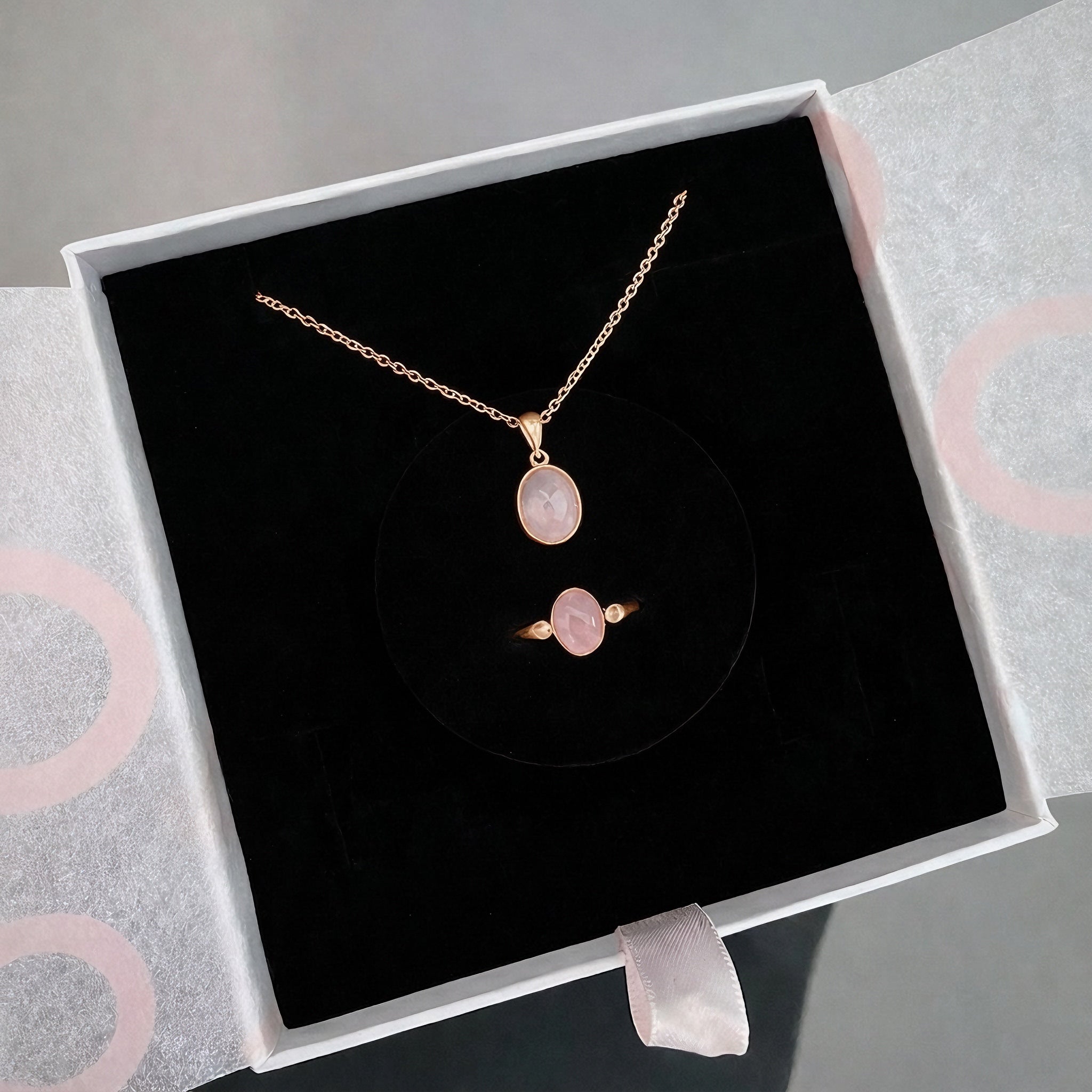 Pembe Kuvars Minimal Kolye & Yüzük Set (Rose Gold)