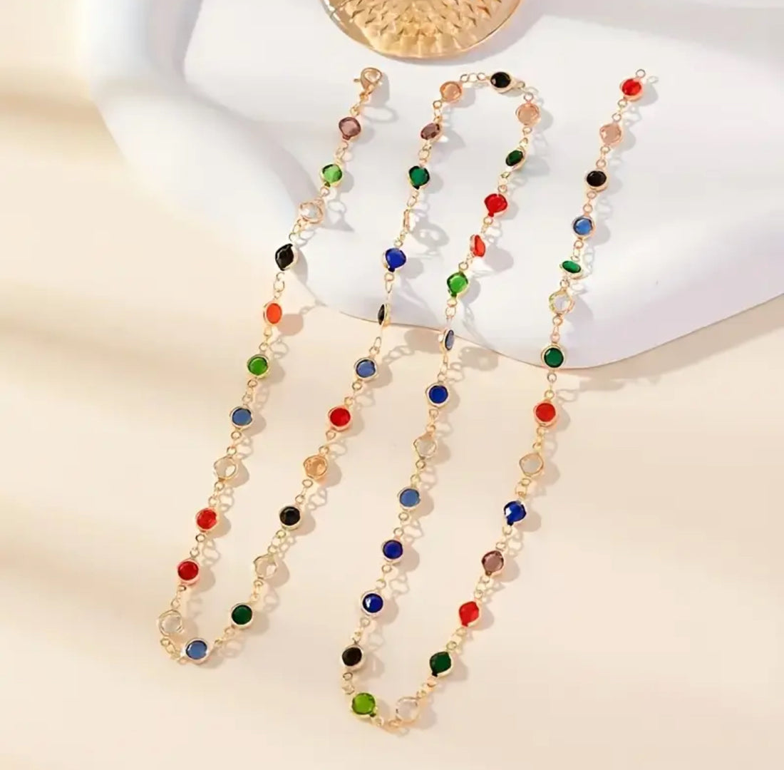 Renkli Taşlı Violet Uzun Gold Renk Kolye