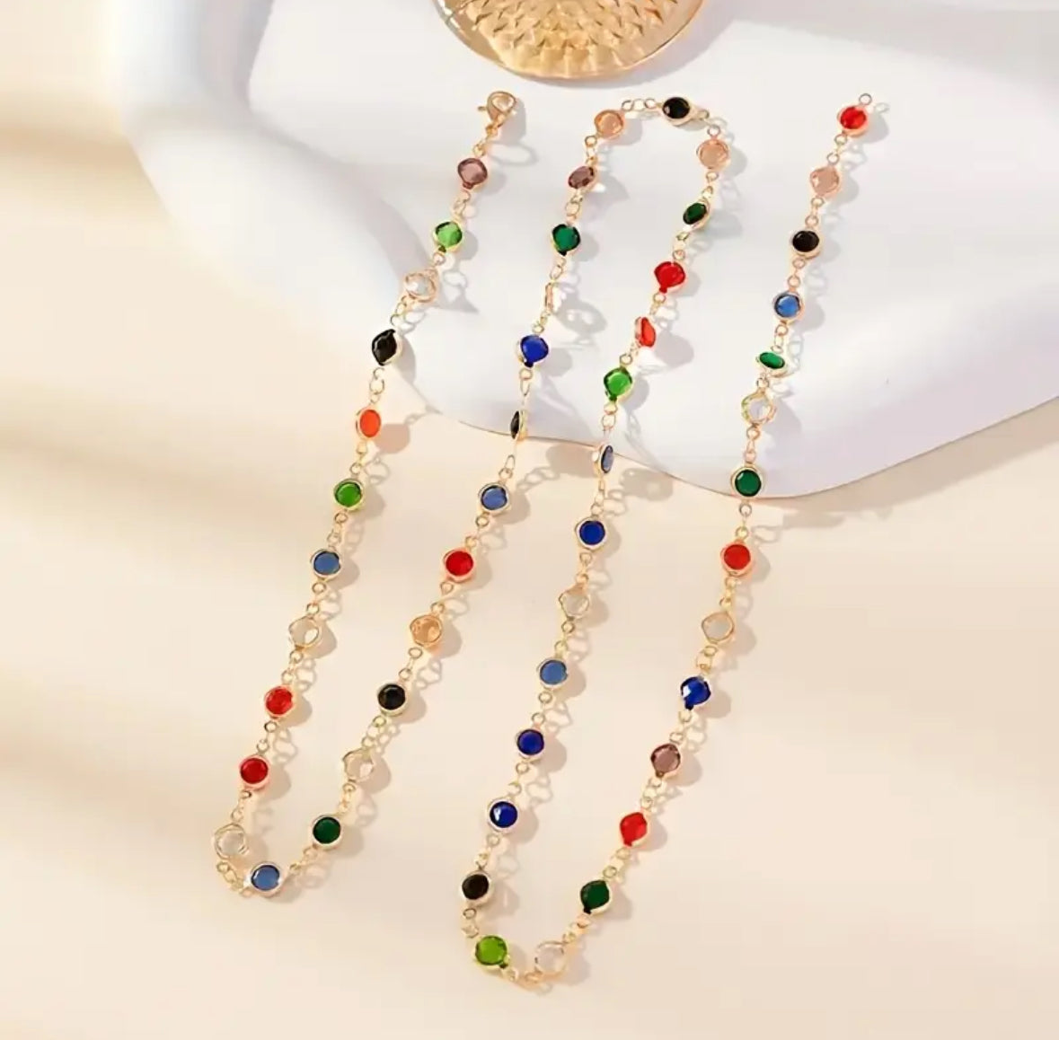 Renkli Taşlı Violet Uzun Gold Renk Kolye