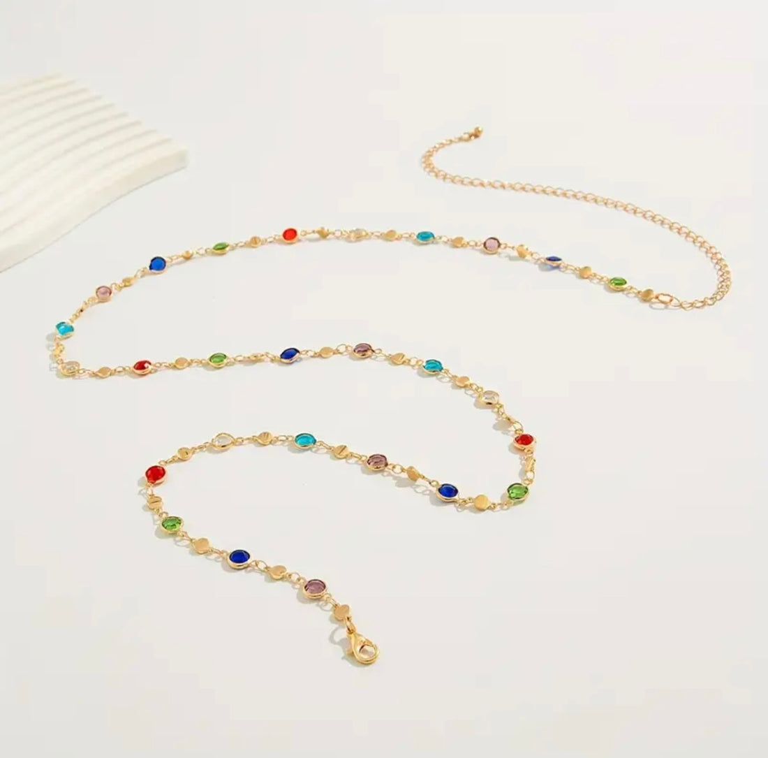Renkli Taşlı Gold Renk Bel Zinciri