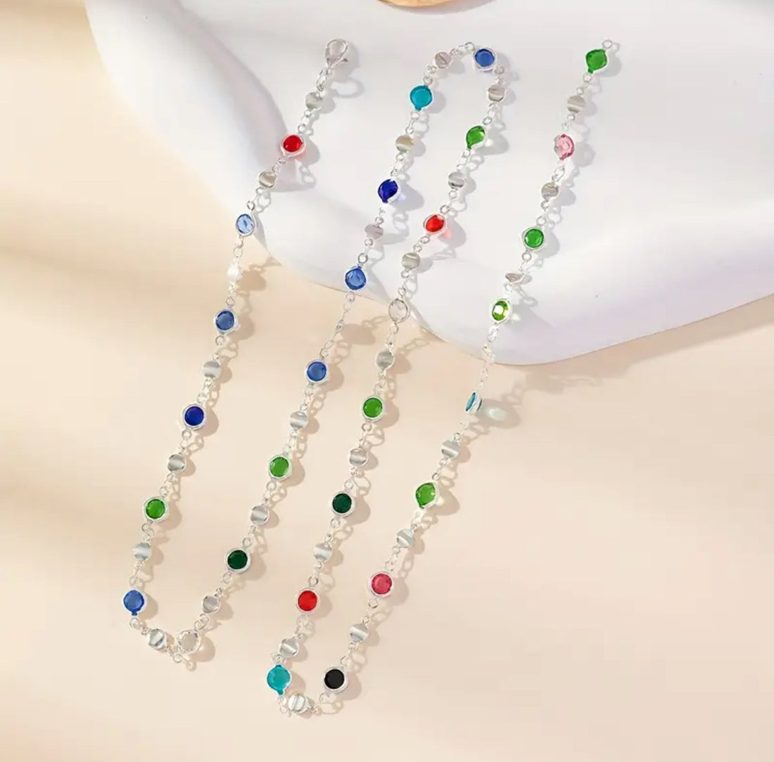 Renkli Taşlı Violet Uzun Gümüş Renk Kolye