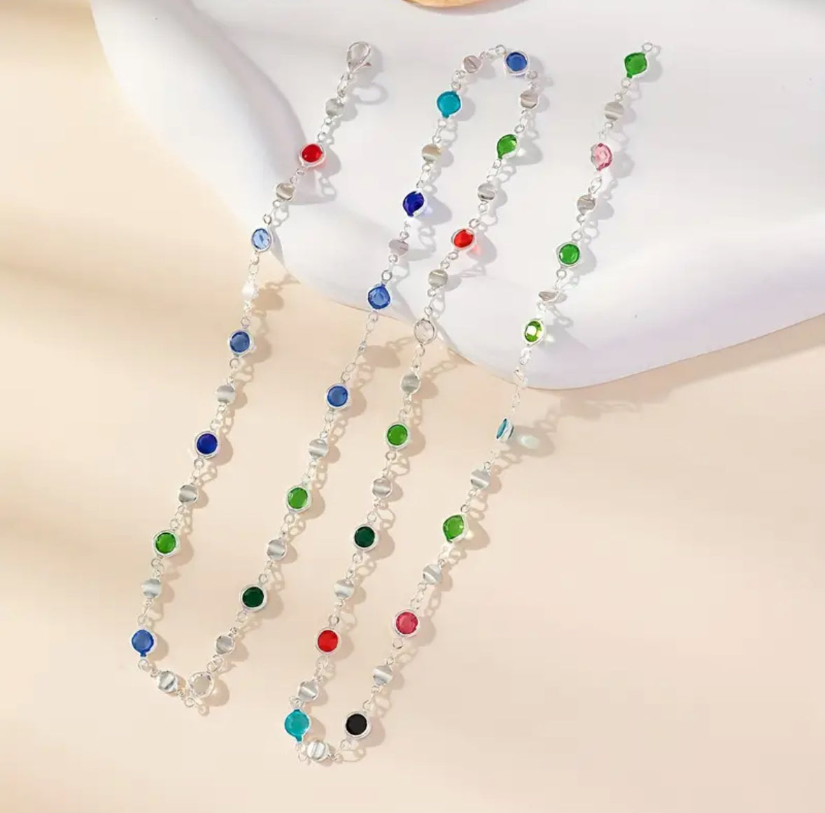 Renkli Taşlı Violet Uzun Gümüş Renk Kolye