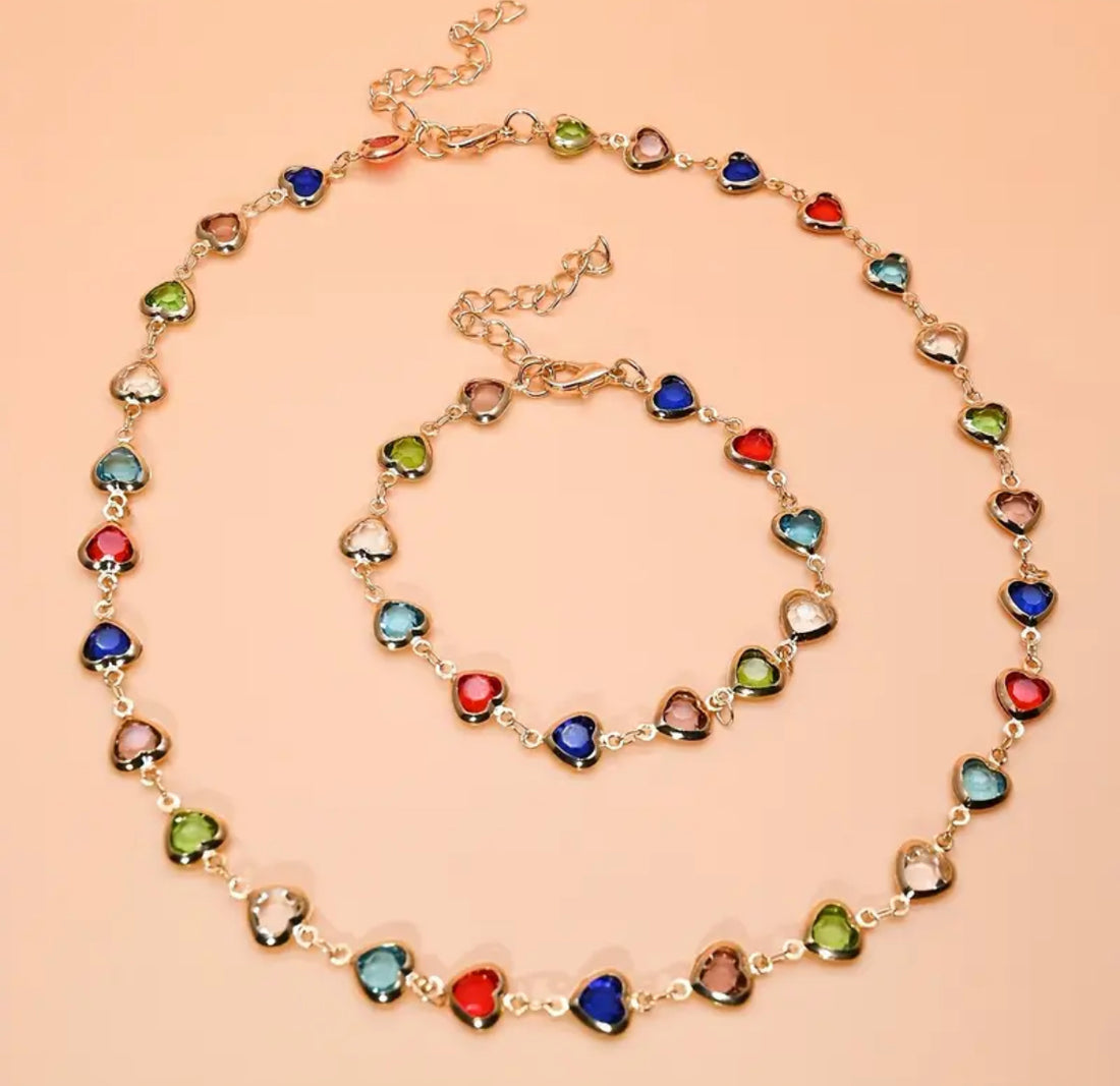 Renkli Taşlı Lovely Gold Renk Set (Kolye & Bileklik)