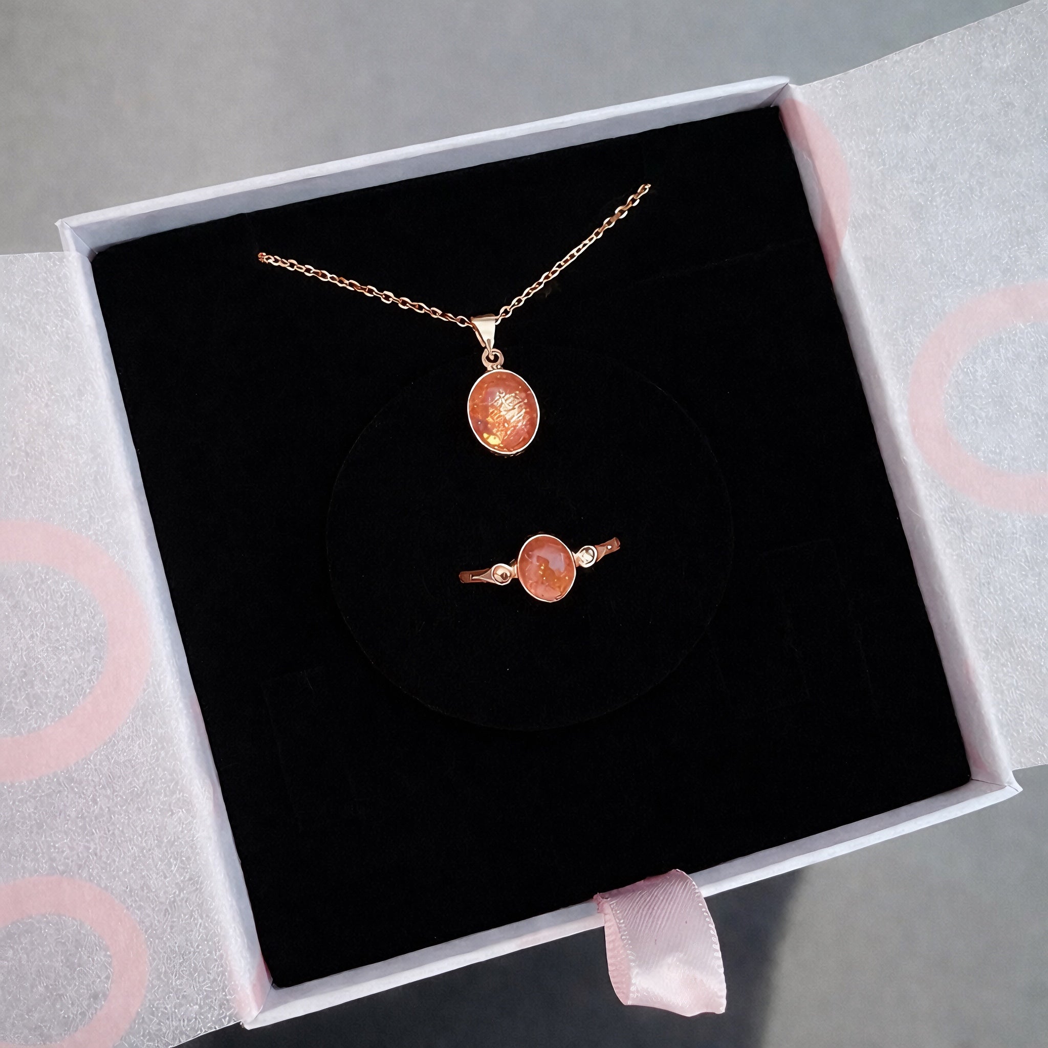 Güneş Taşı Minimal Kolye & Yüzük Set (Rose Gold)