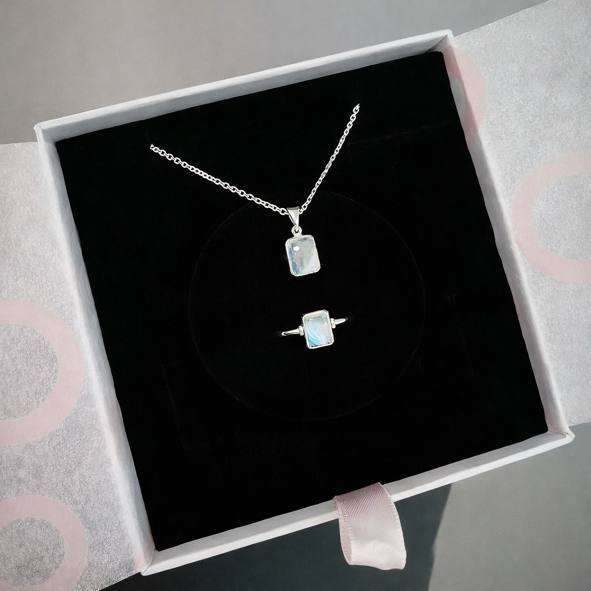 Ay Taşı Dörtgen Kolye & Yüzük Set (Gümüş)