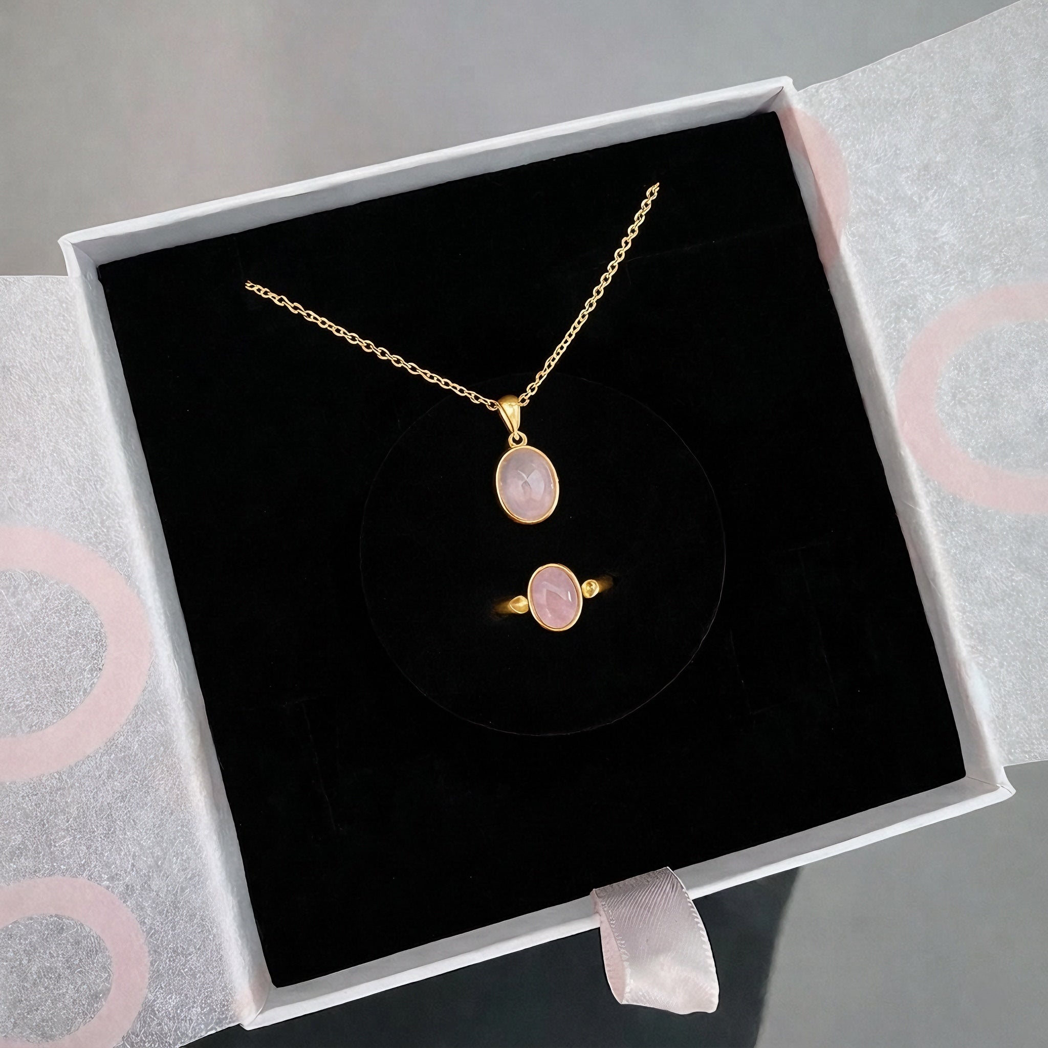 Pembe Kuvars Minimal Kolye & Yüzük Set (Gold)