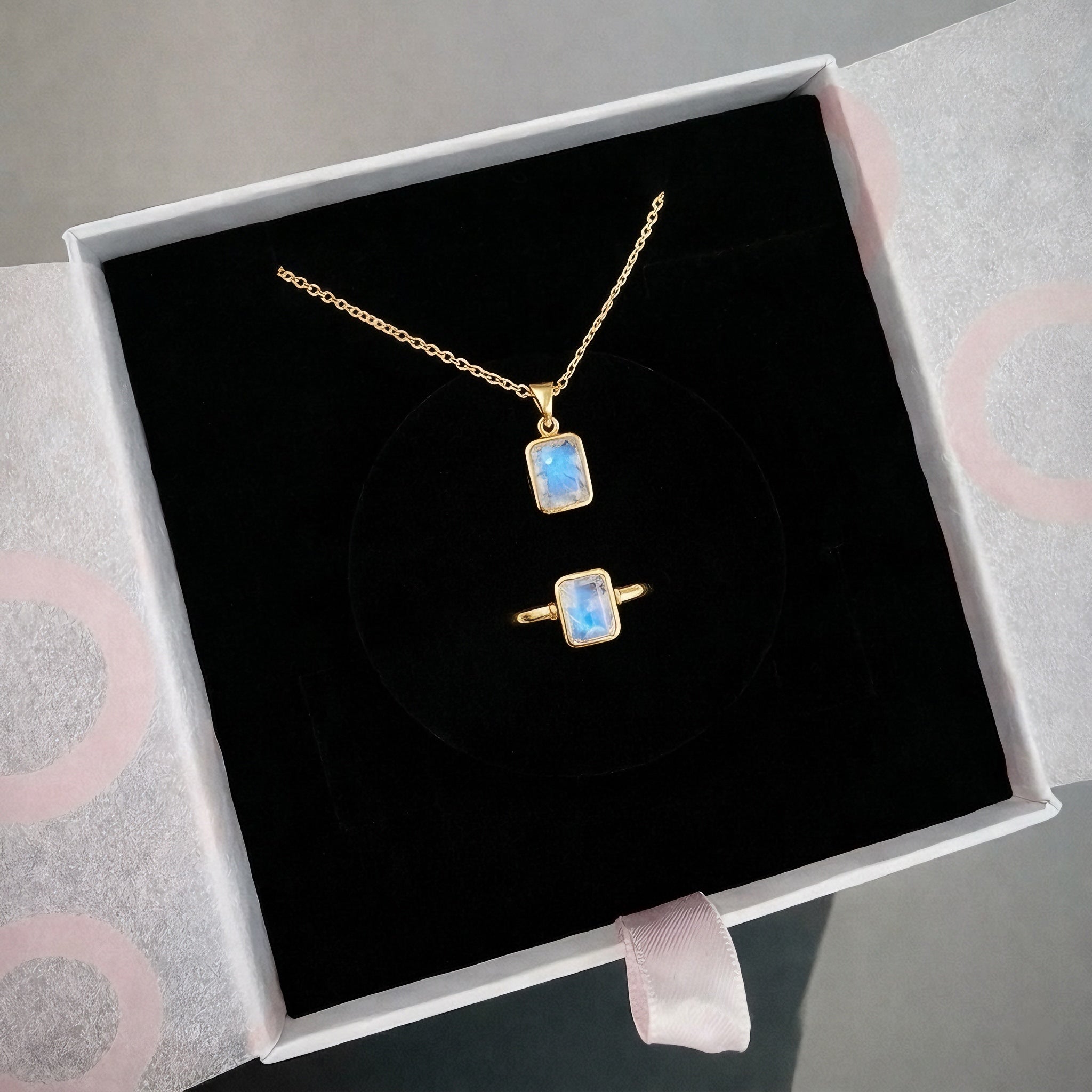 Ay Taşı Dörtgen Kolye & Yüzük Set (Gold)