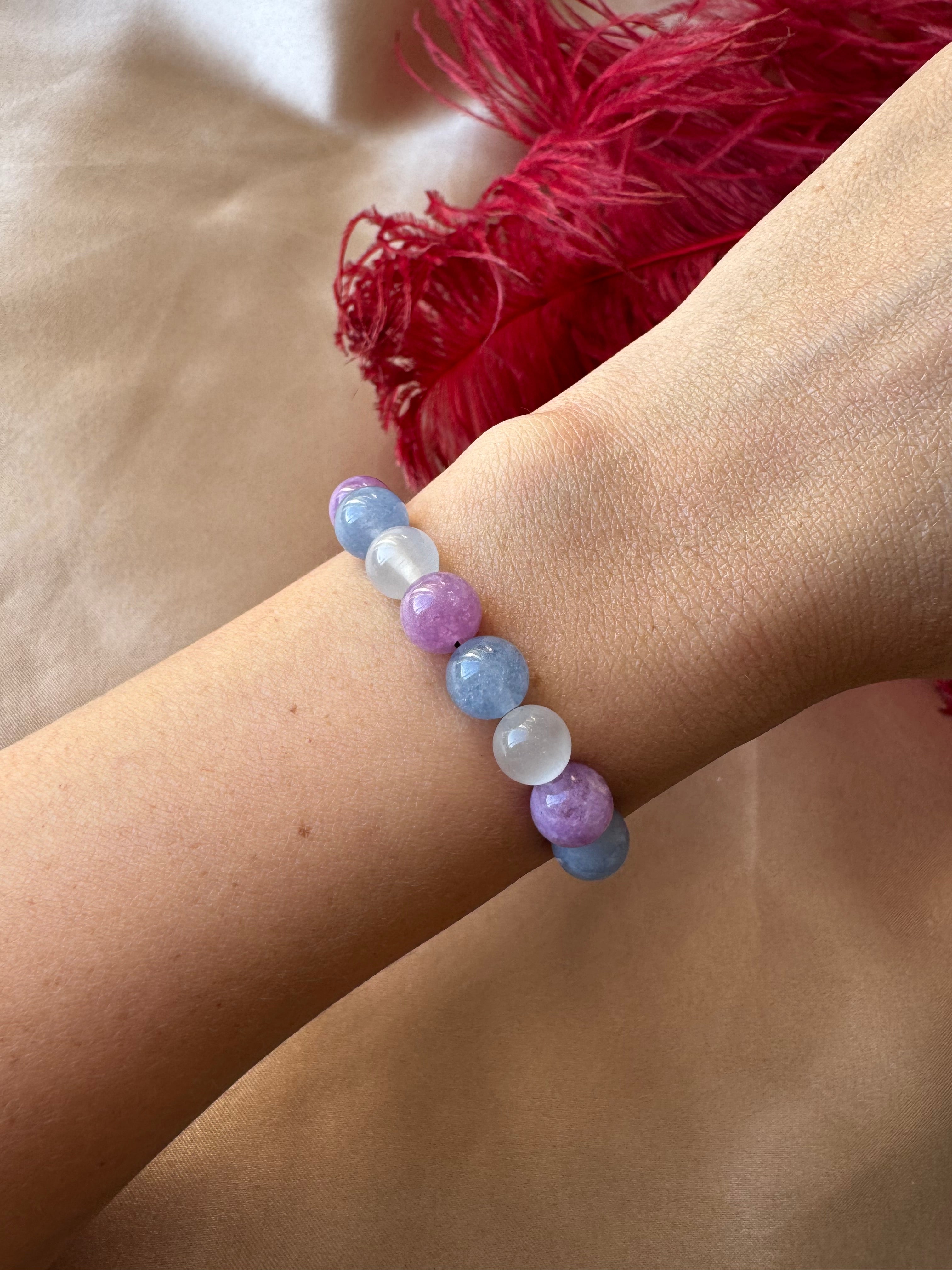 Ametist & Angelit & Selenit Angel Bileklik (8 mm)