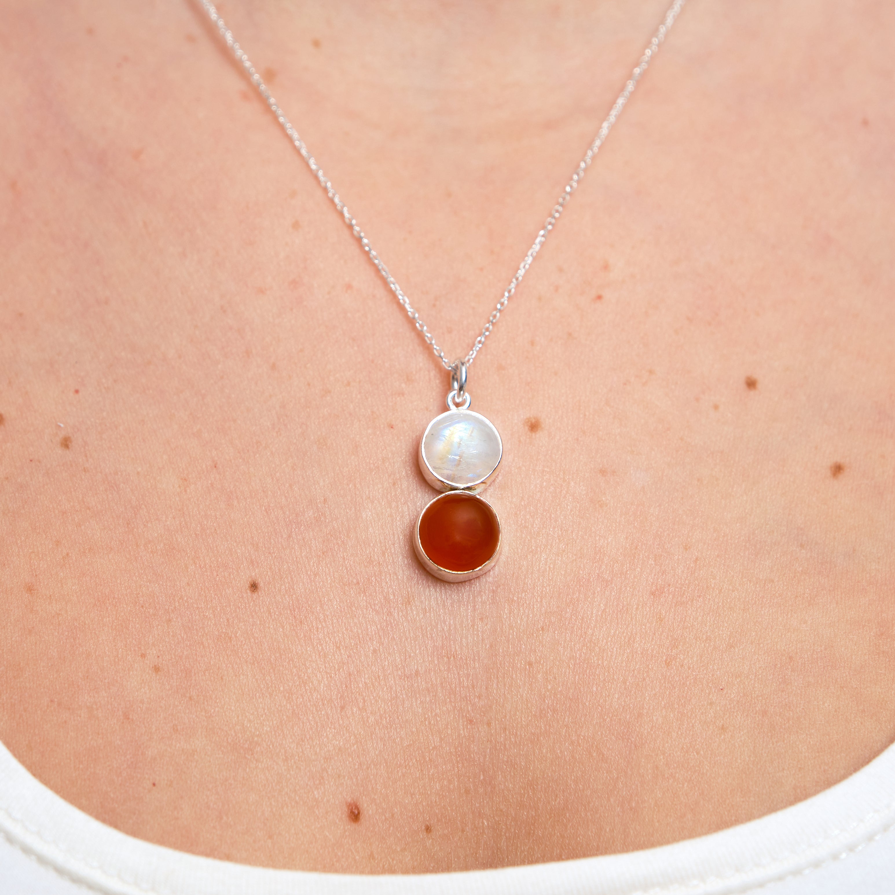 Ay Taşı & Akik Twin Flame Gümüş Kolye