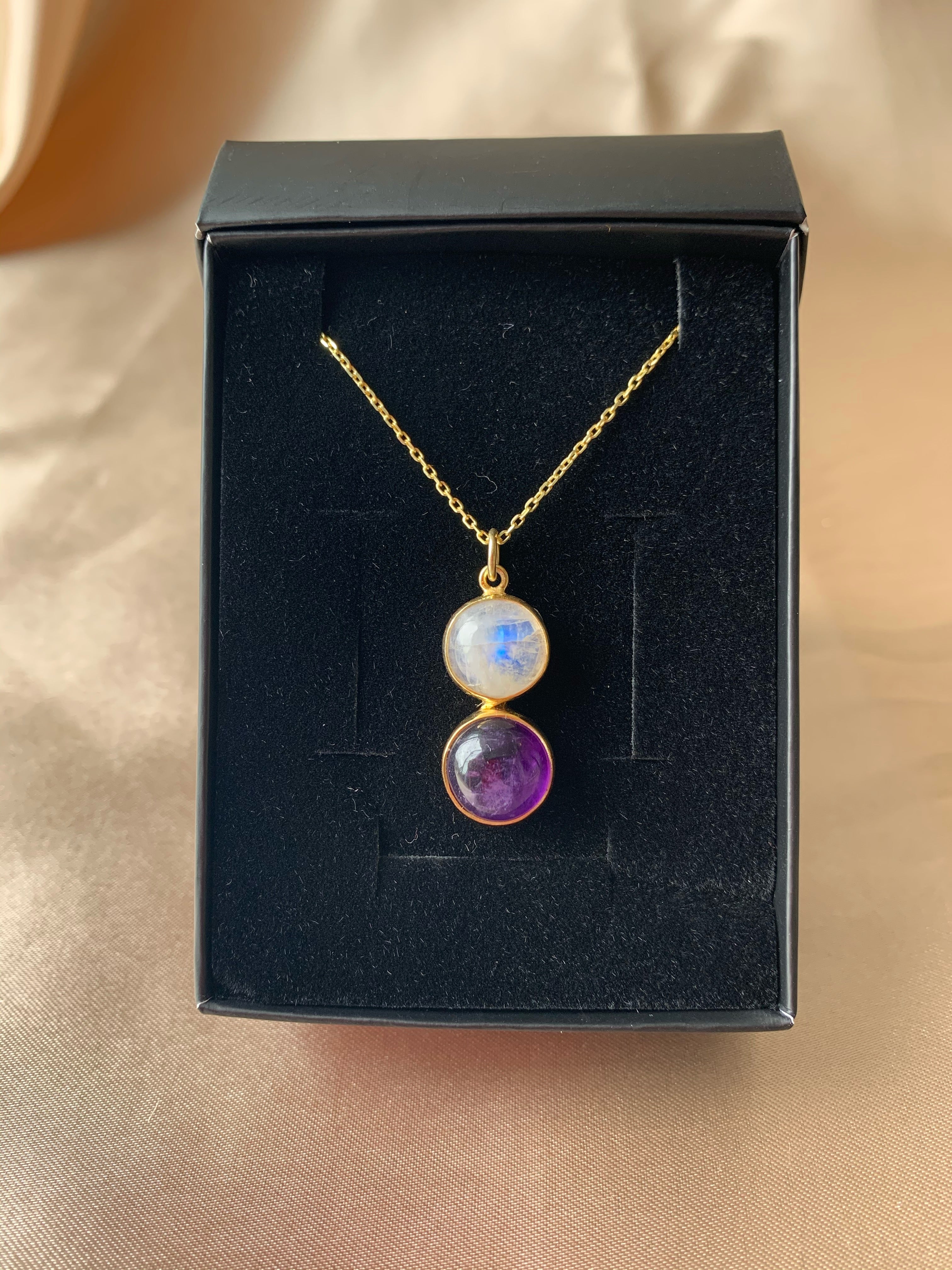 Ay Taşı & Ametist Twin Flame Gold Kolye