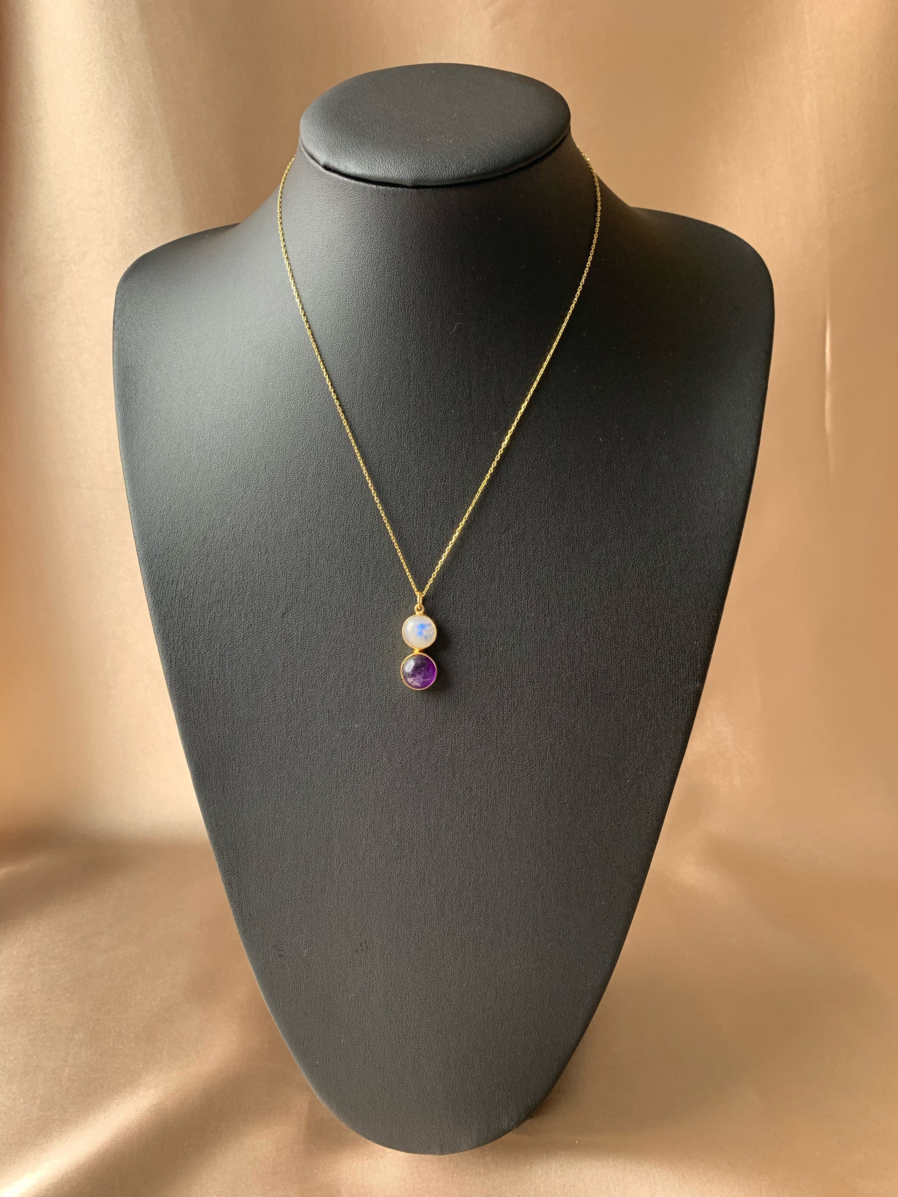 Ay Taşı & Ametist Twin Flame Gold Kolye