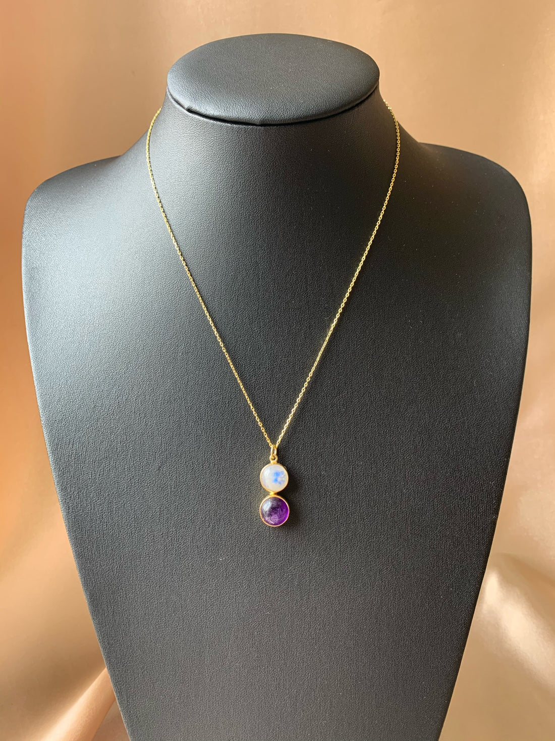 Ay Taşı & Ametist Twin Flame Gold Kolye