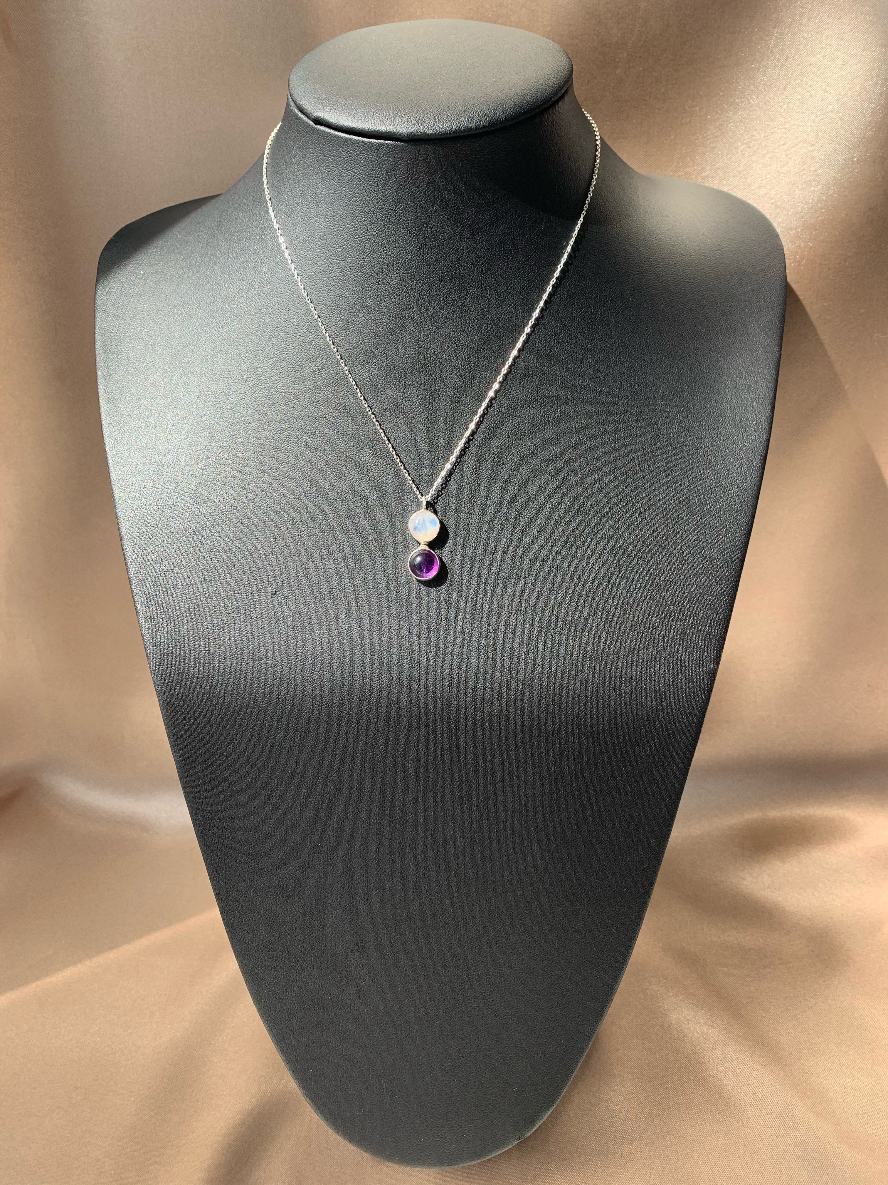 Ay Taşı & Ametist Twin Flame Gümüş Kolye