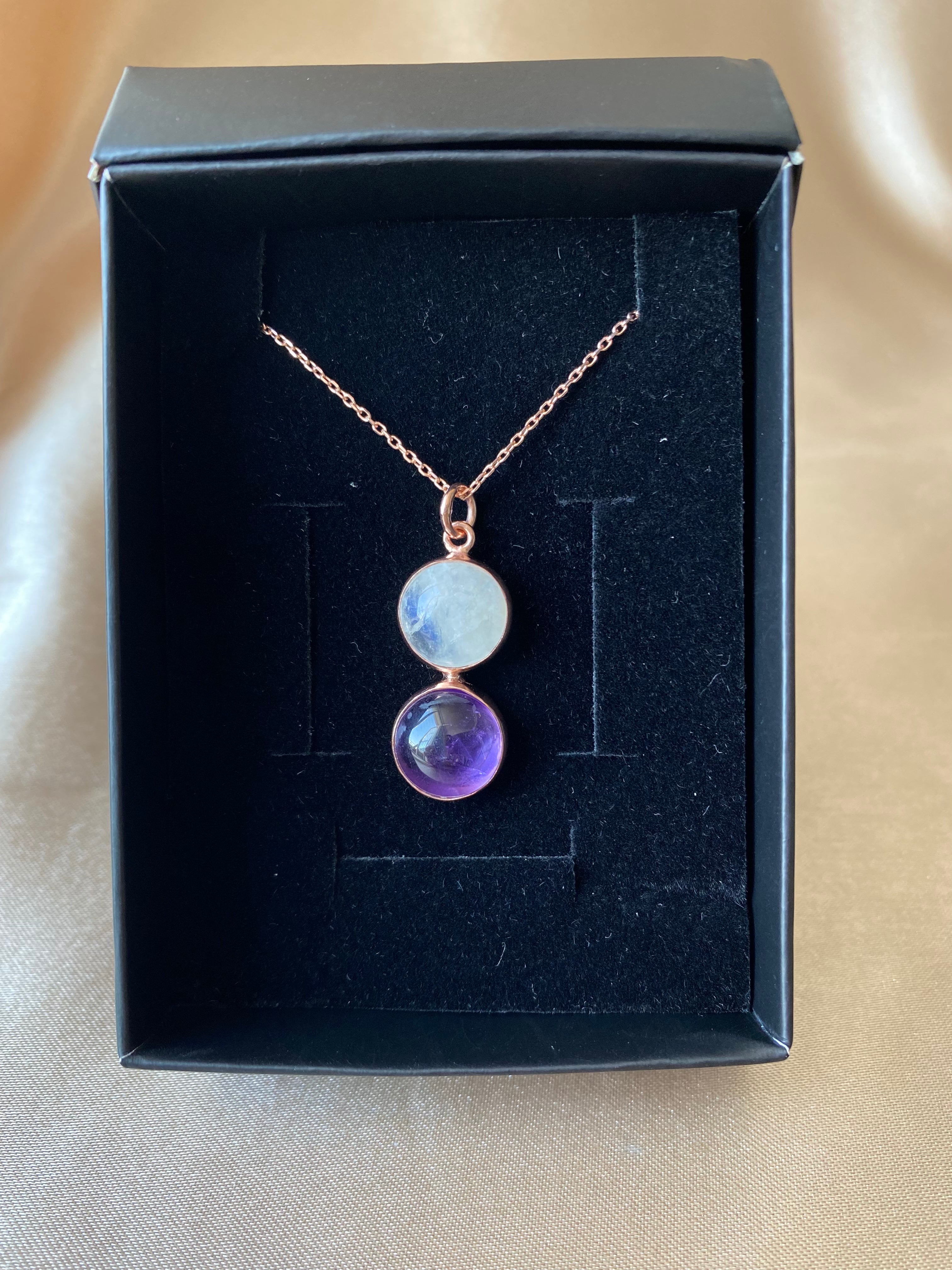 Ay Taşı & Ametist Twin Flame Rose Gold Kolye