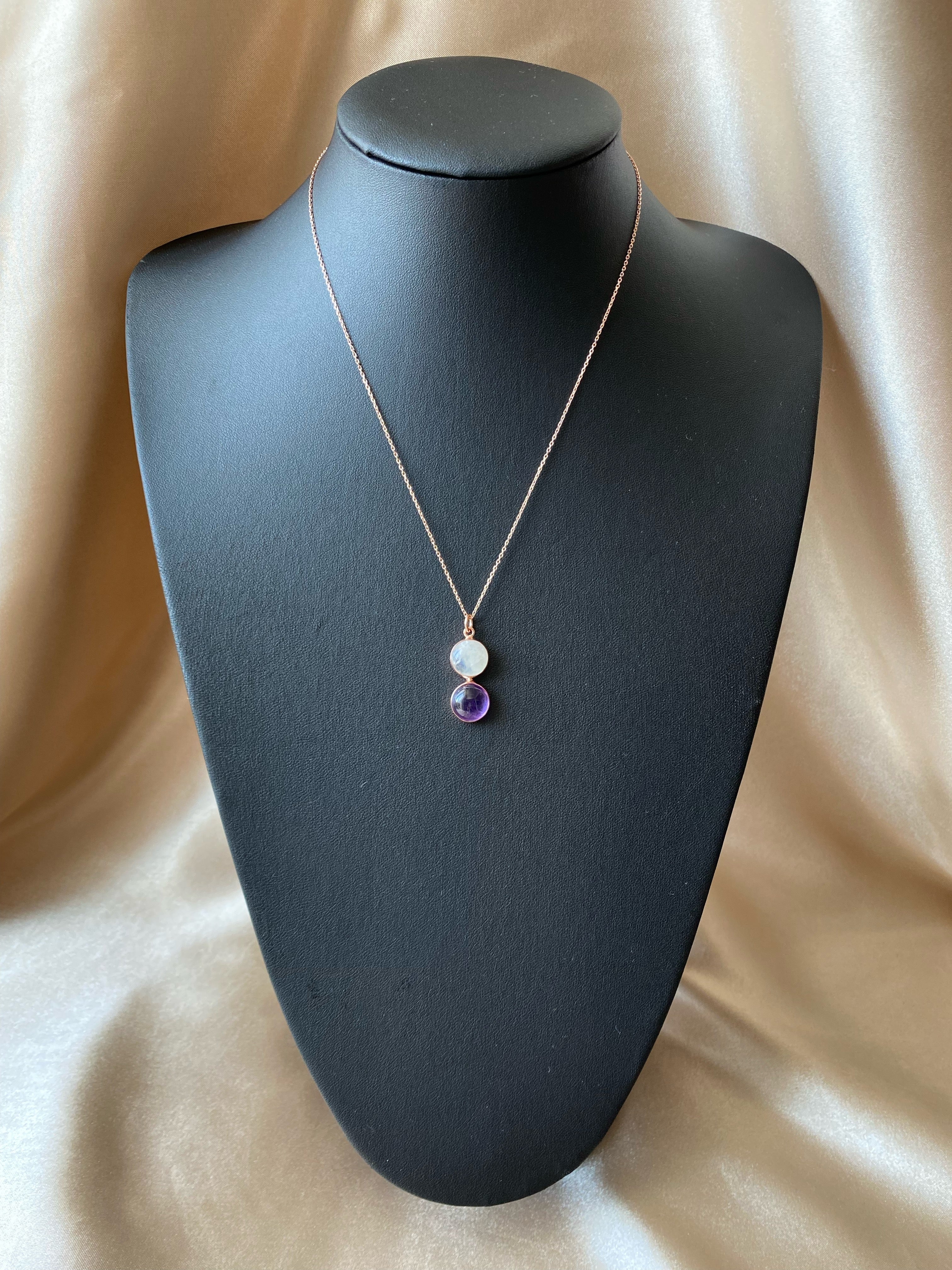 Ay Taşı & Ametist Twin Flame Rose Gold Kolye