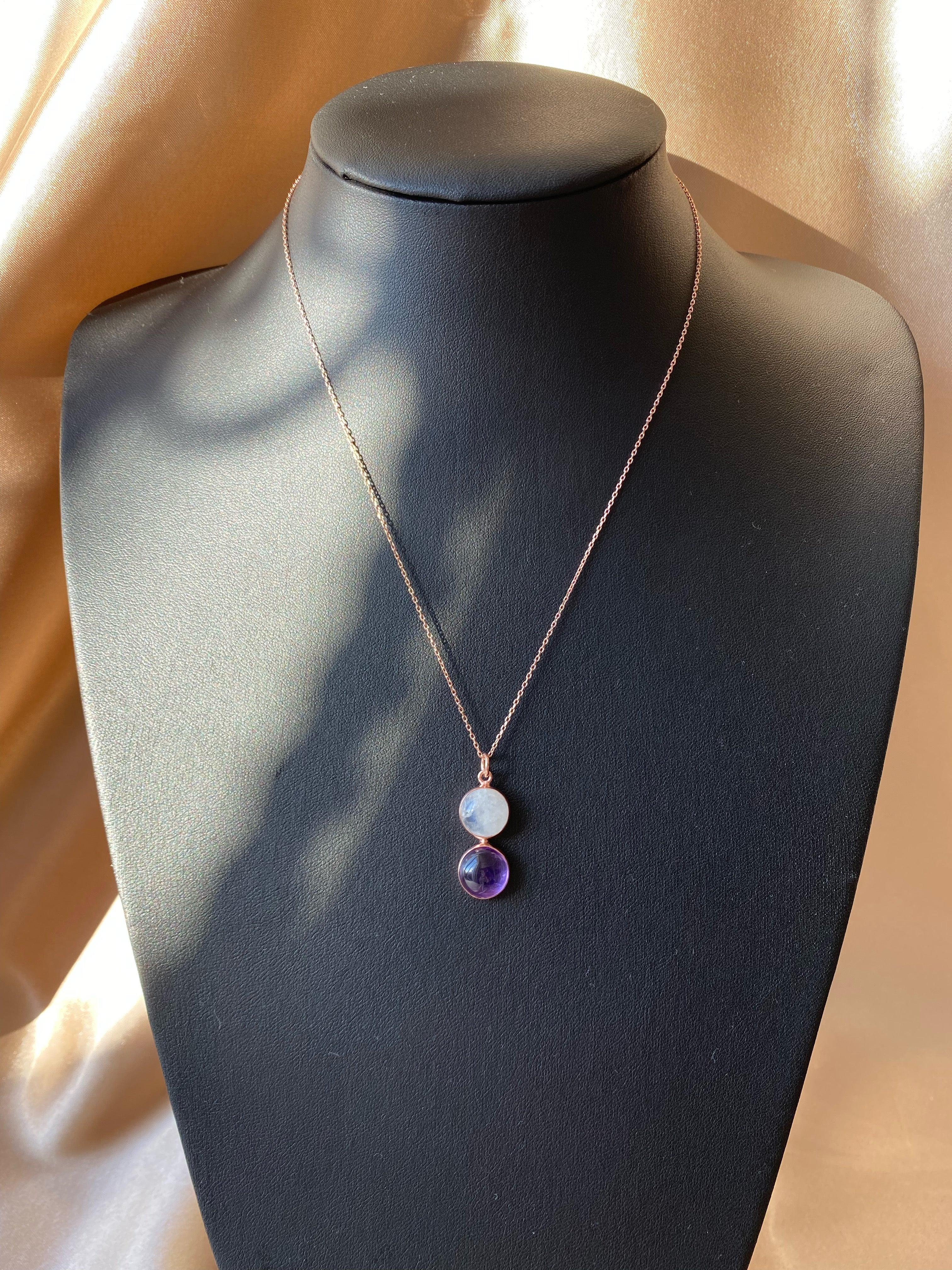 Ay Taşı & Ametist Twin Flame Rose Gold Kolye