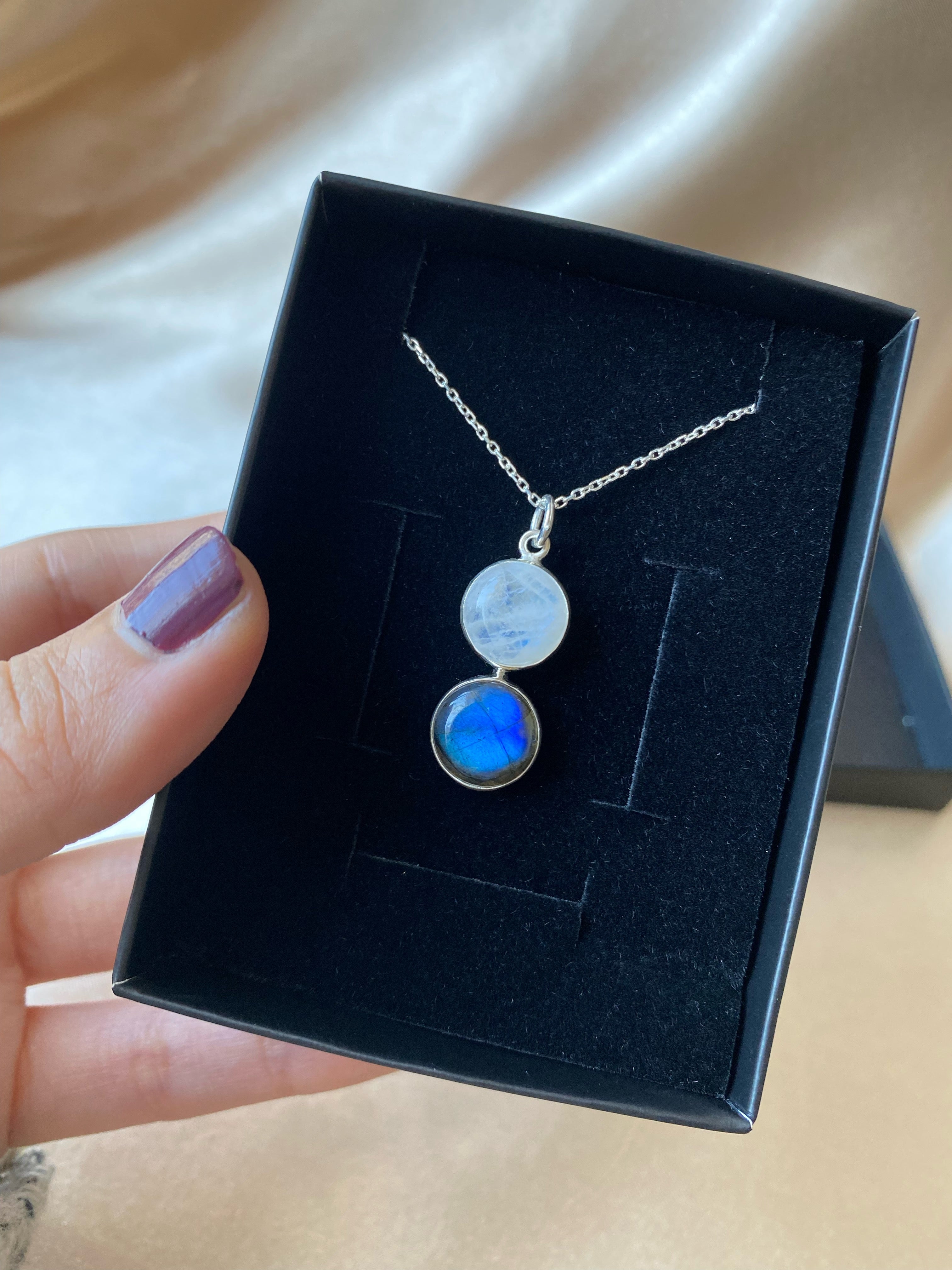 Ay Taşı & Labradorit Twin Flame Gümüş Kolye