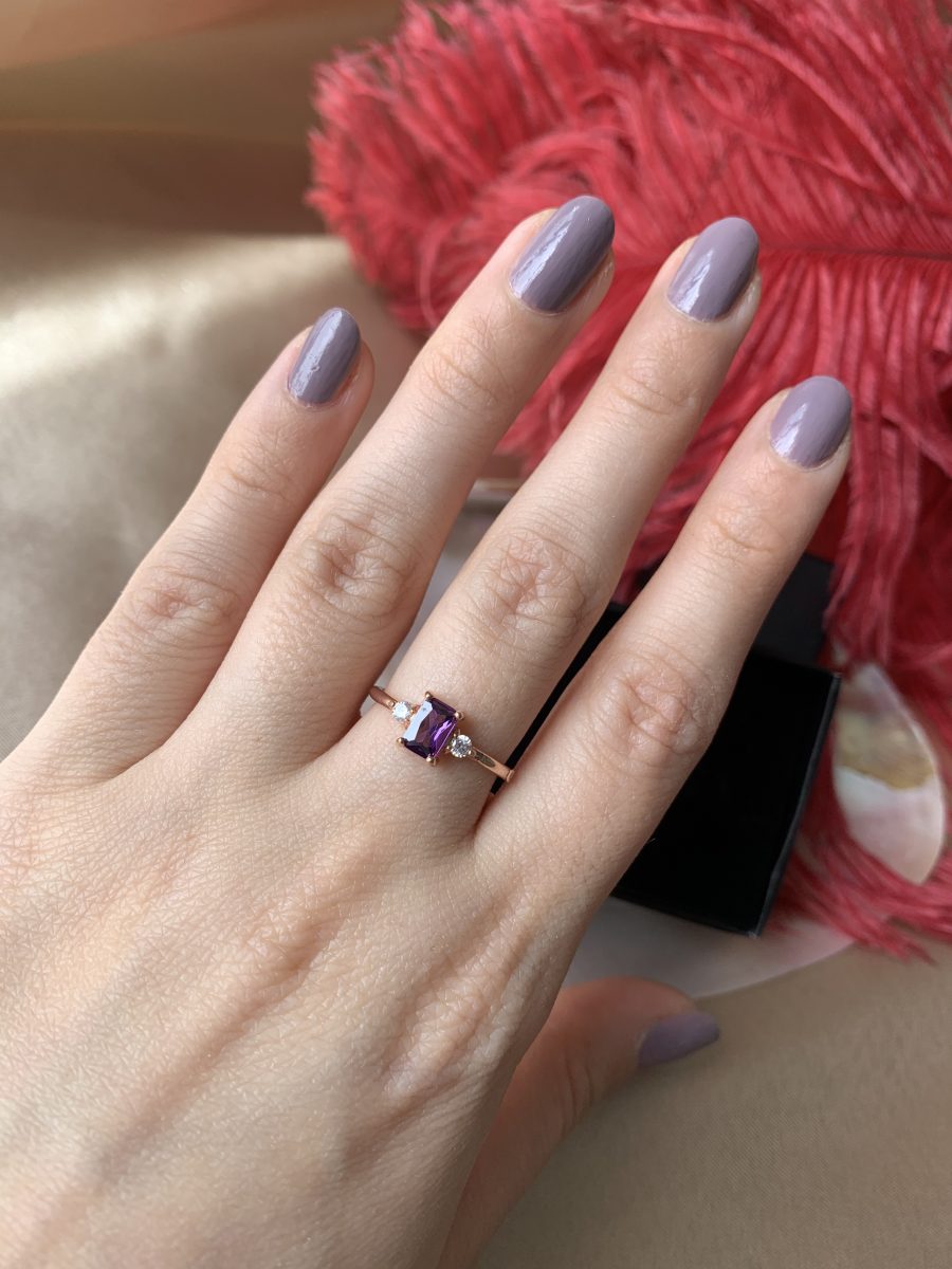 Ametist Dikdörtgen Prenses Rose Gold Yüzük