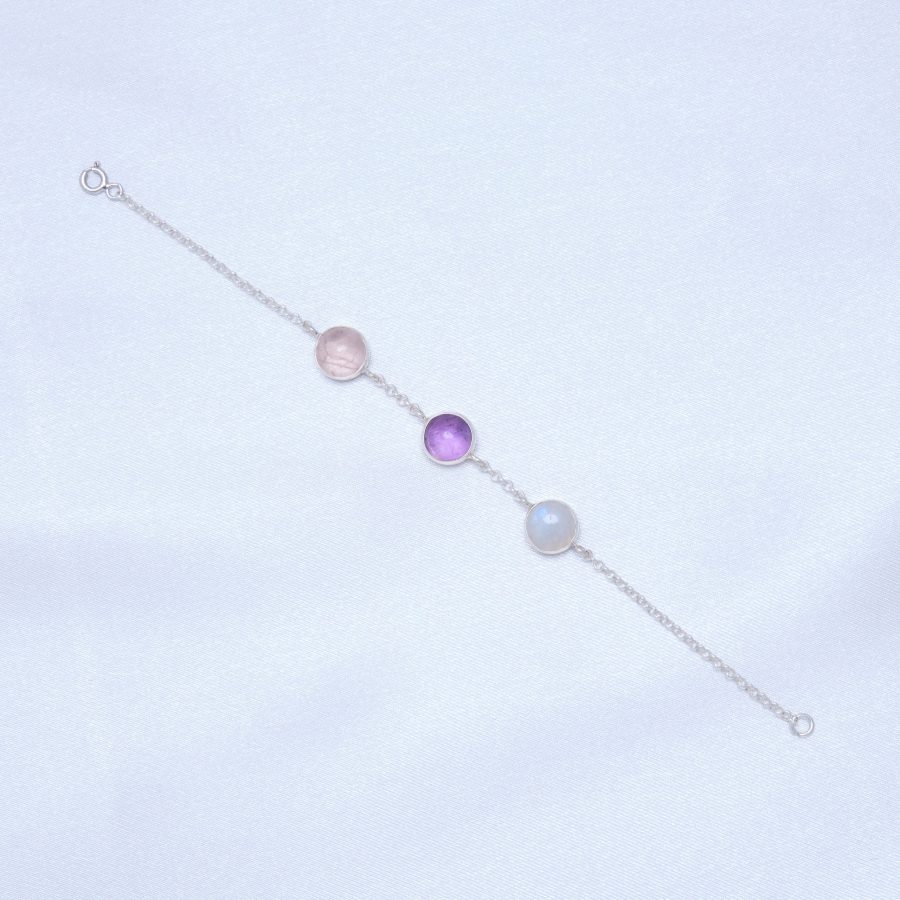 Ay Taşı & Pembe Kuvars & Ametist Trinity Gümüş Bileklik