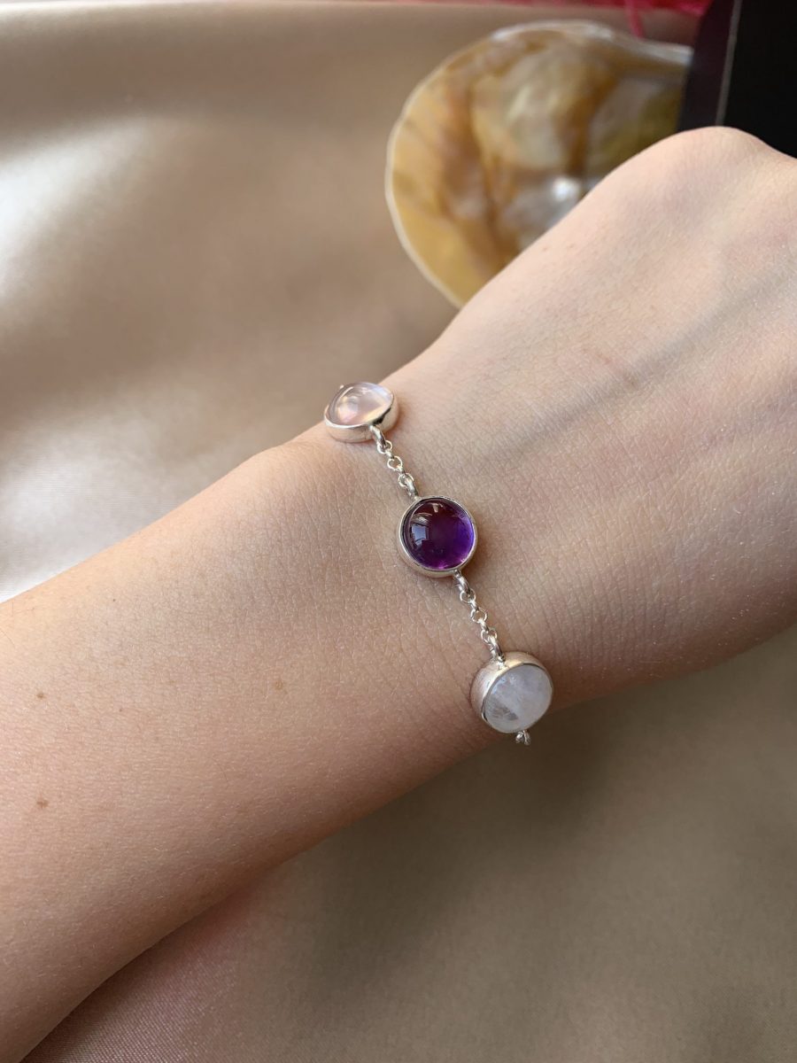 Ay Taşı & Pembe Kuvars & Ametist Trinity Gümüş Bileklik