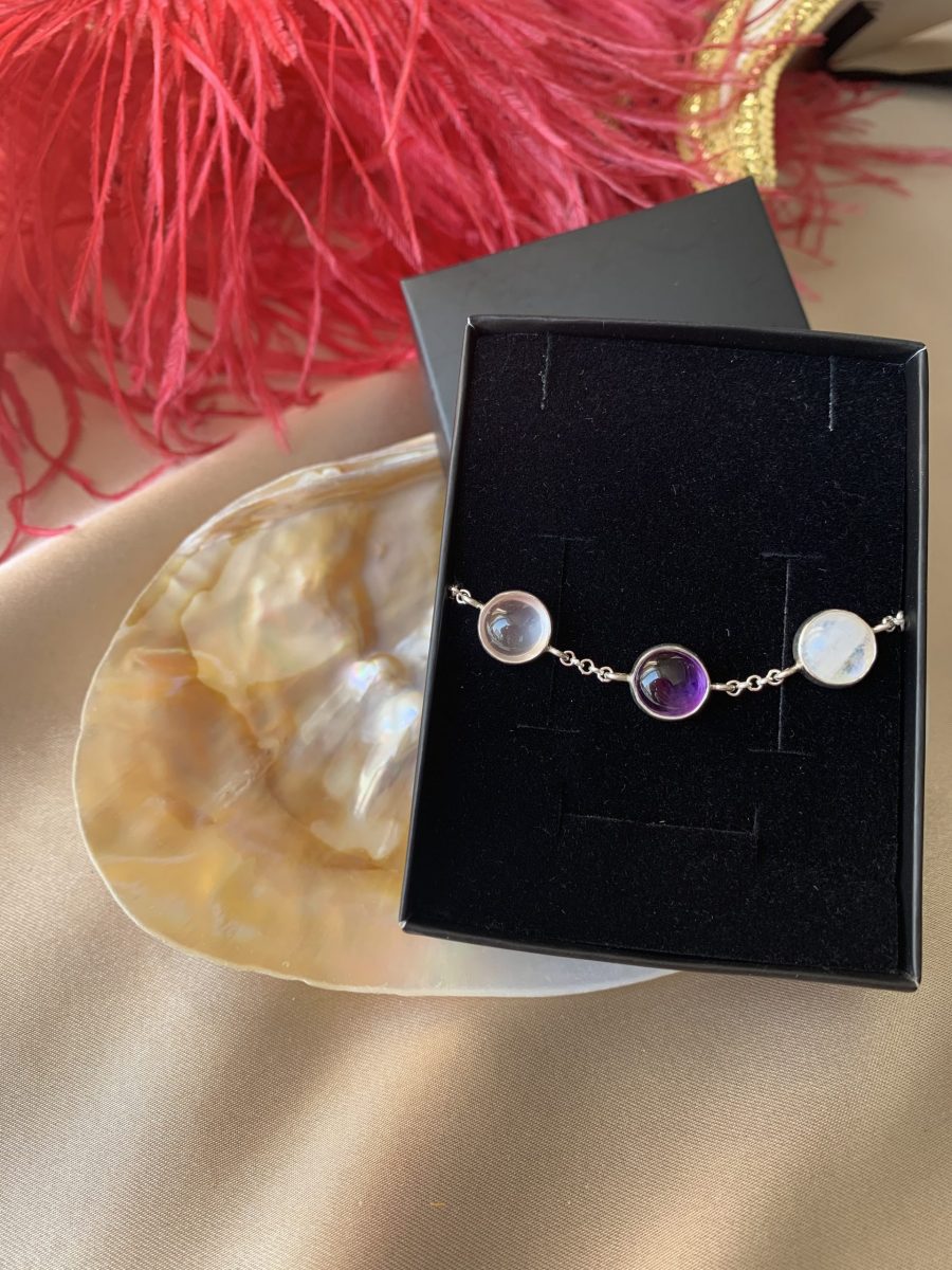 Ay Taşı & Pembe Kuvars & Ametist Trinity Gümüş Bileklik