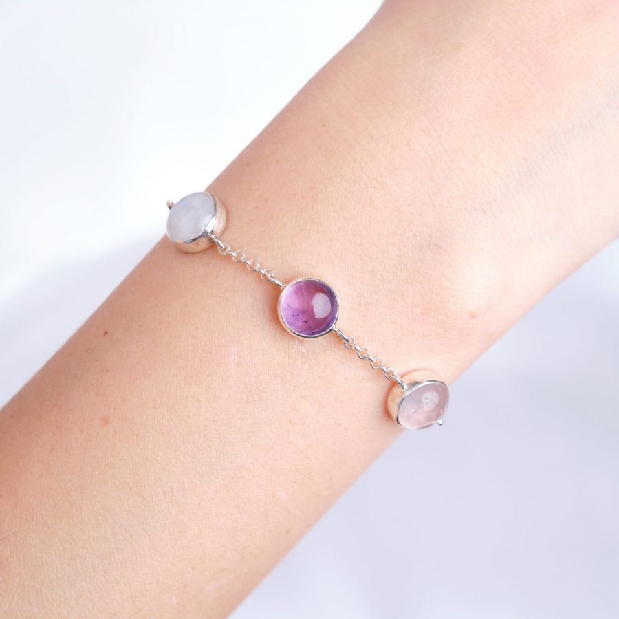 Ay Taşı & Pembe Kuvars & Ametist Trinity Gümüş Bileklik