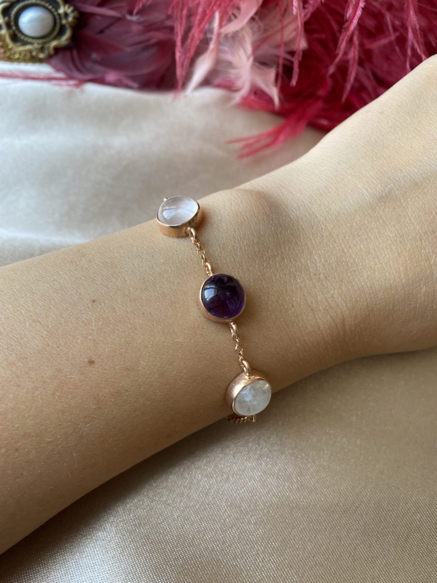 Ay Taşı & Pembe Kuvars & Ametist Trinity Rose Gold Bileklik