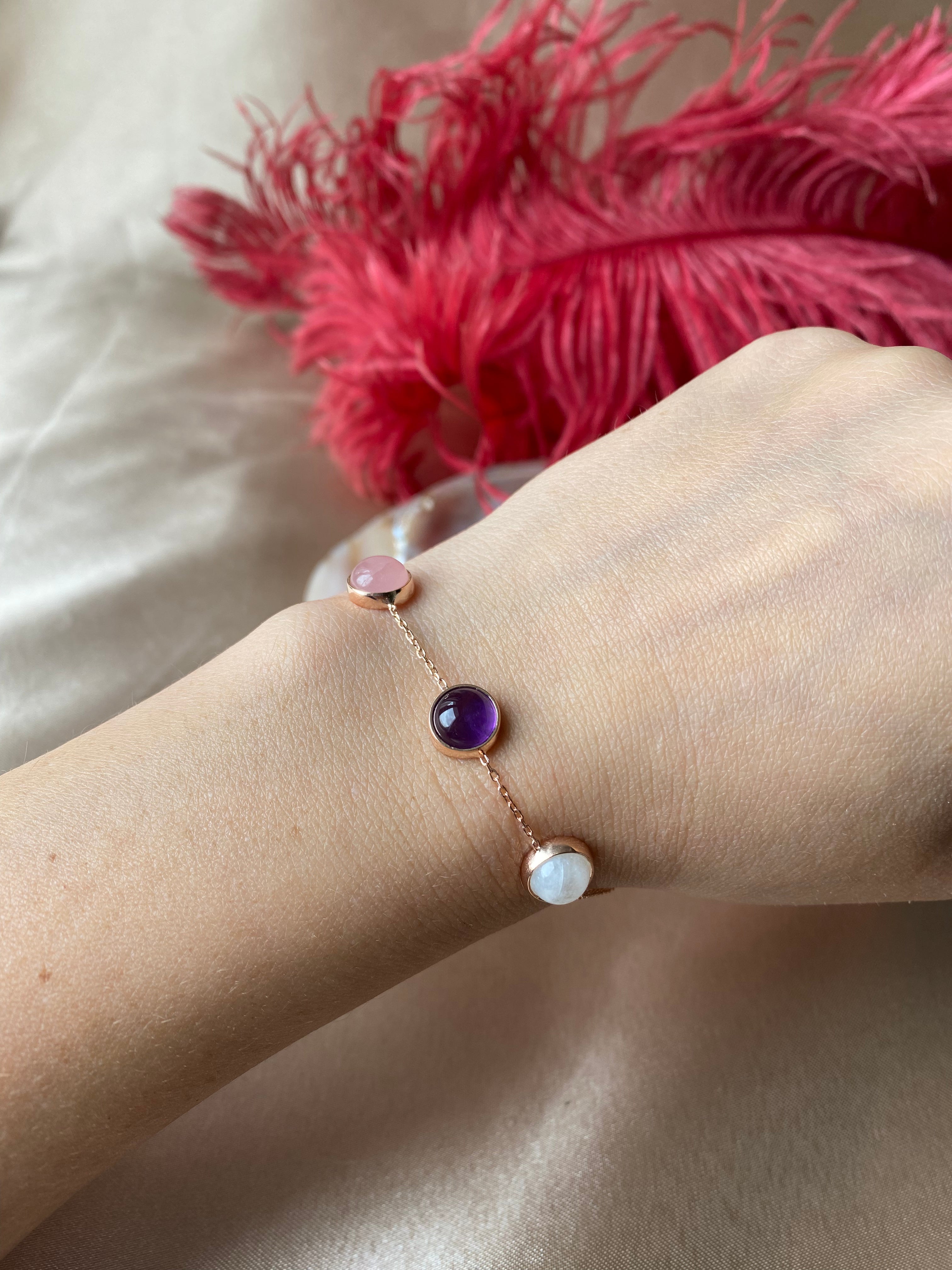 Ay Taşı & Pembe Kuvars & Ametist Trinity Rose Gold Bileklik