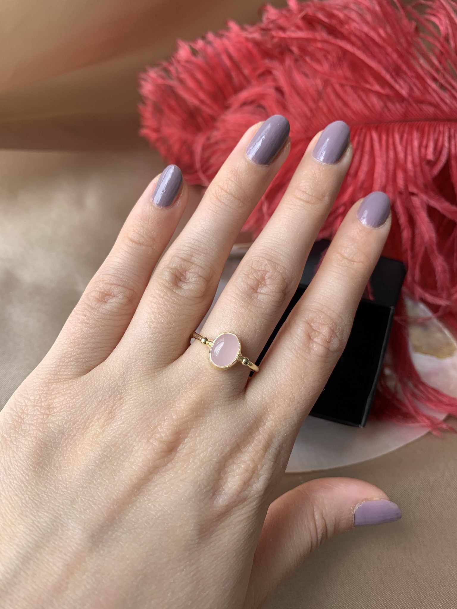 Pembe Kuvars Basic Gold Yüzük