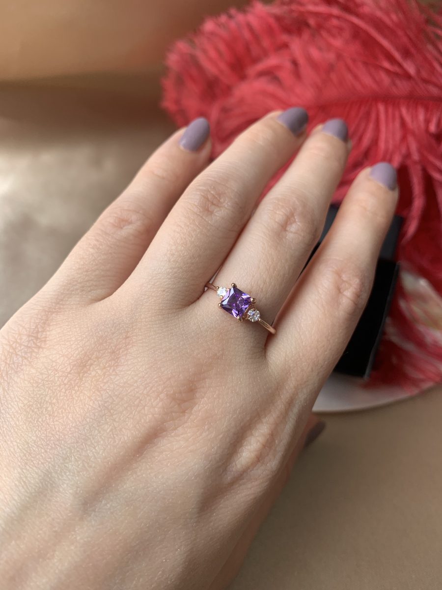 Ametist Kare Prenses Rose Gold Yüzük