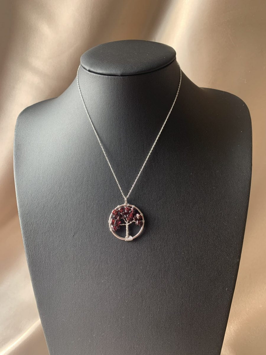 Lal Taşı (Garnet) Yuvarlak Hayat Ağacı Kolye
