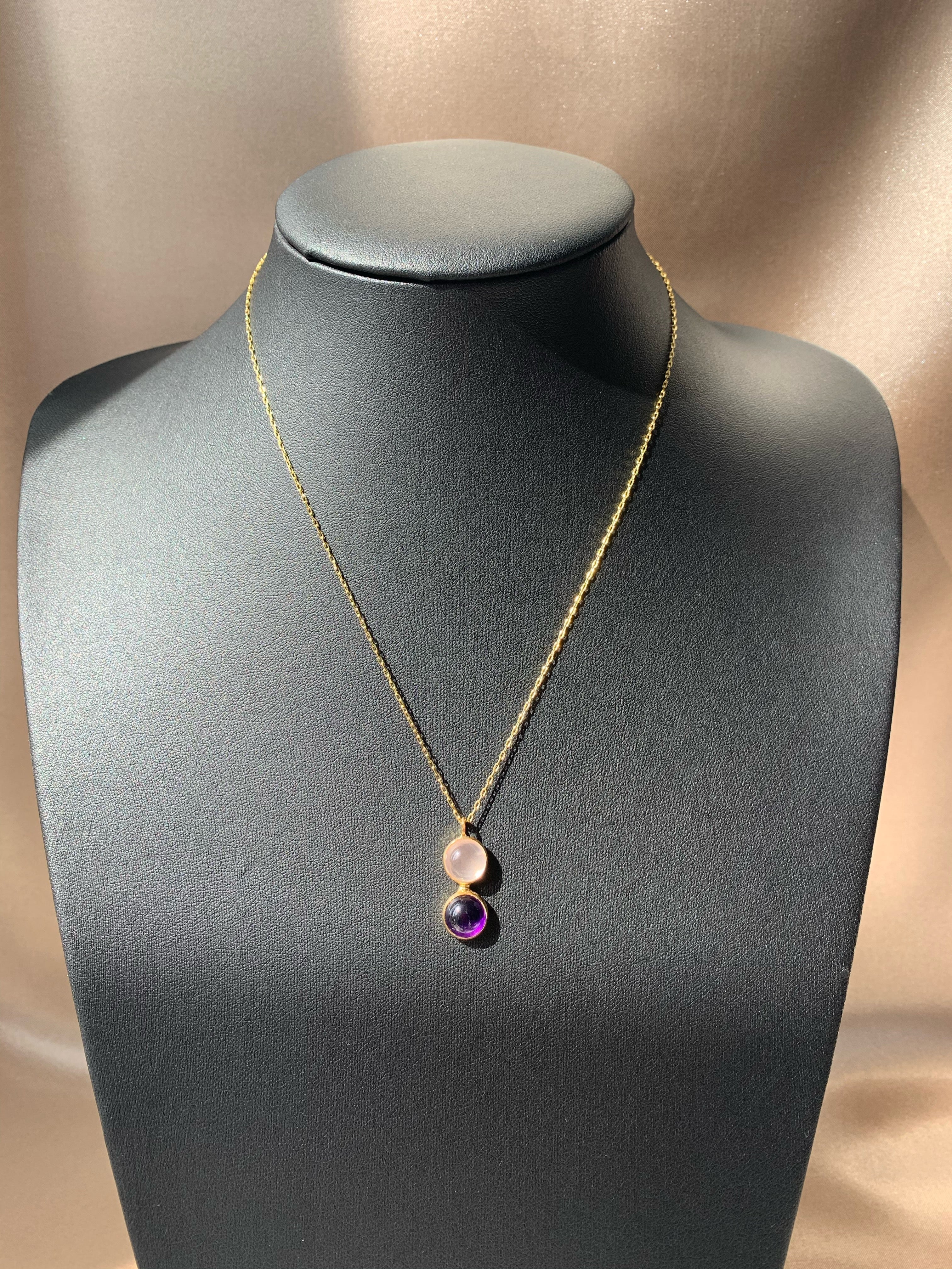 Pembe Kuvars & Ametist Twin Flame Gold Kolye