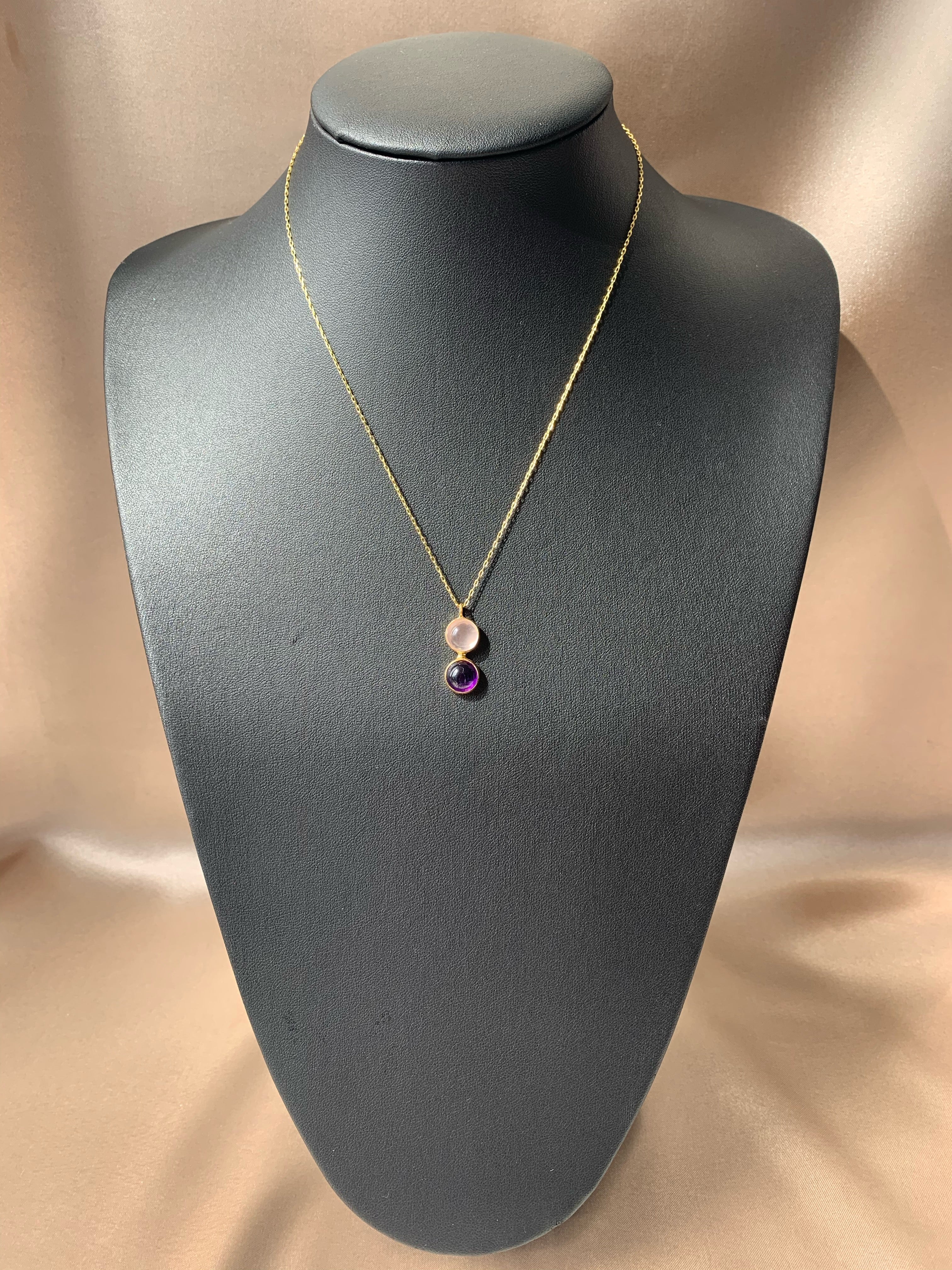 Pembe Kuvars & Ametist Twin Flame Gold Kolye