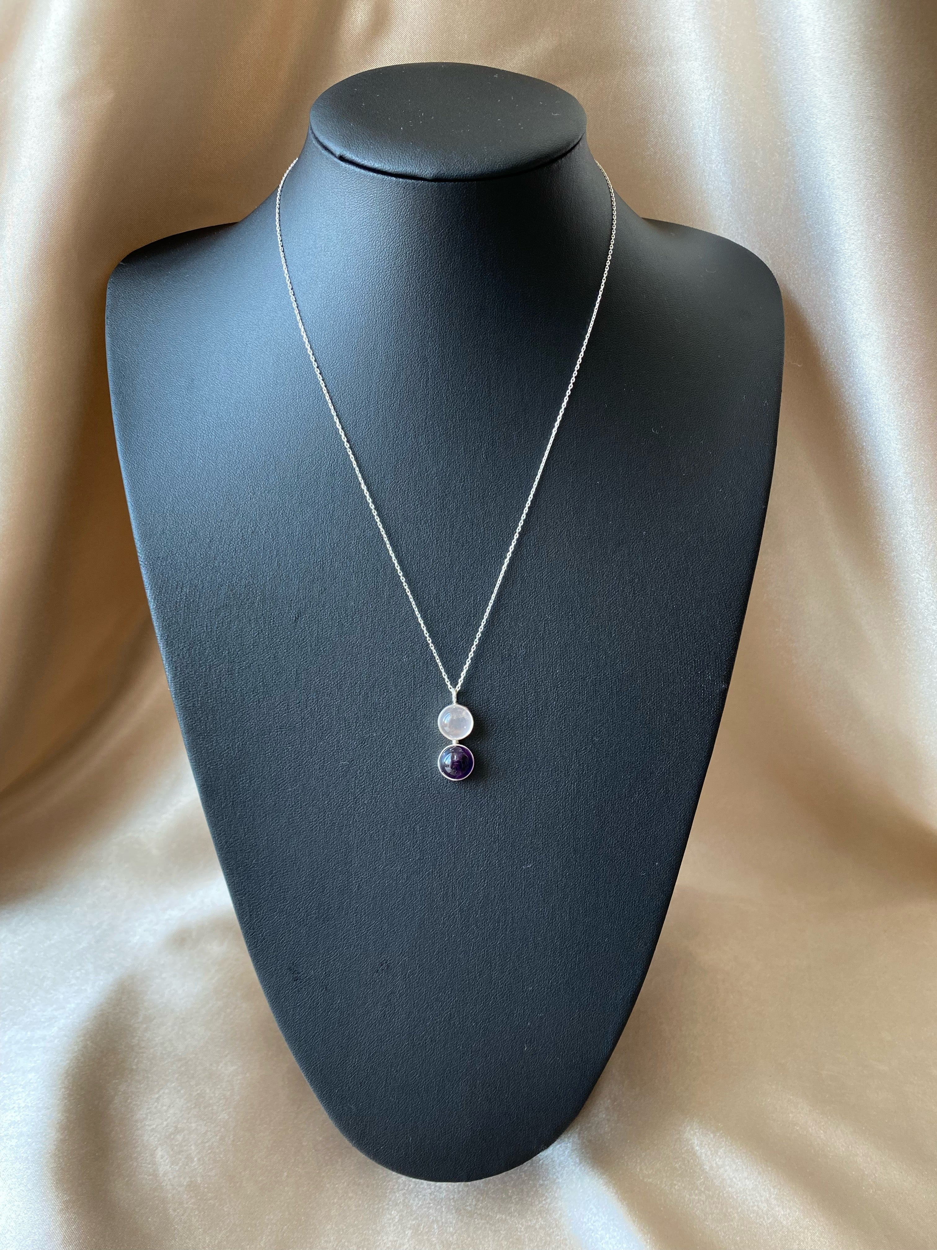 Pembe Kuvars & Ametist Twin Flame Gümüş Kolye