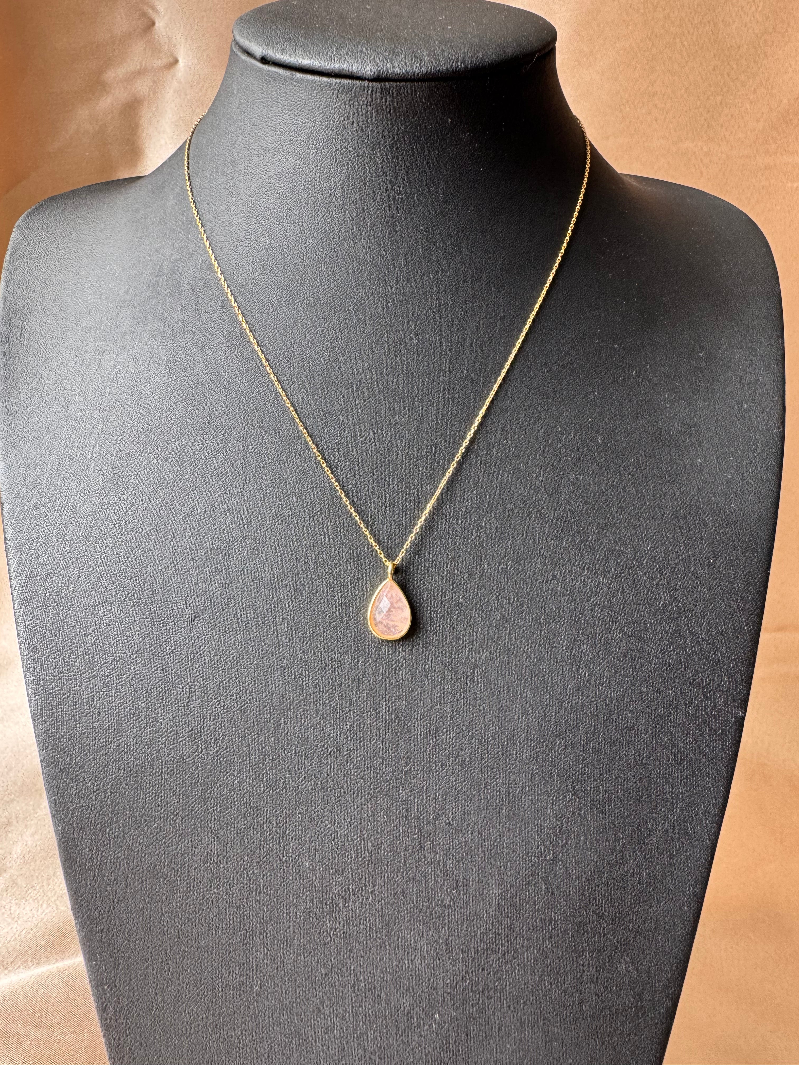 Pembe Kuvars Fasetli Damla Gold Kolye