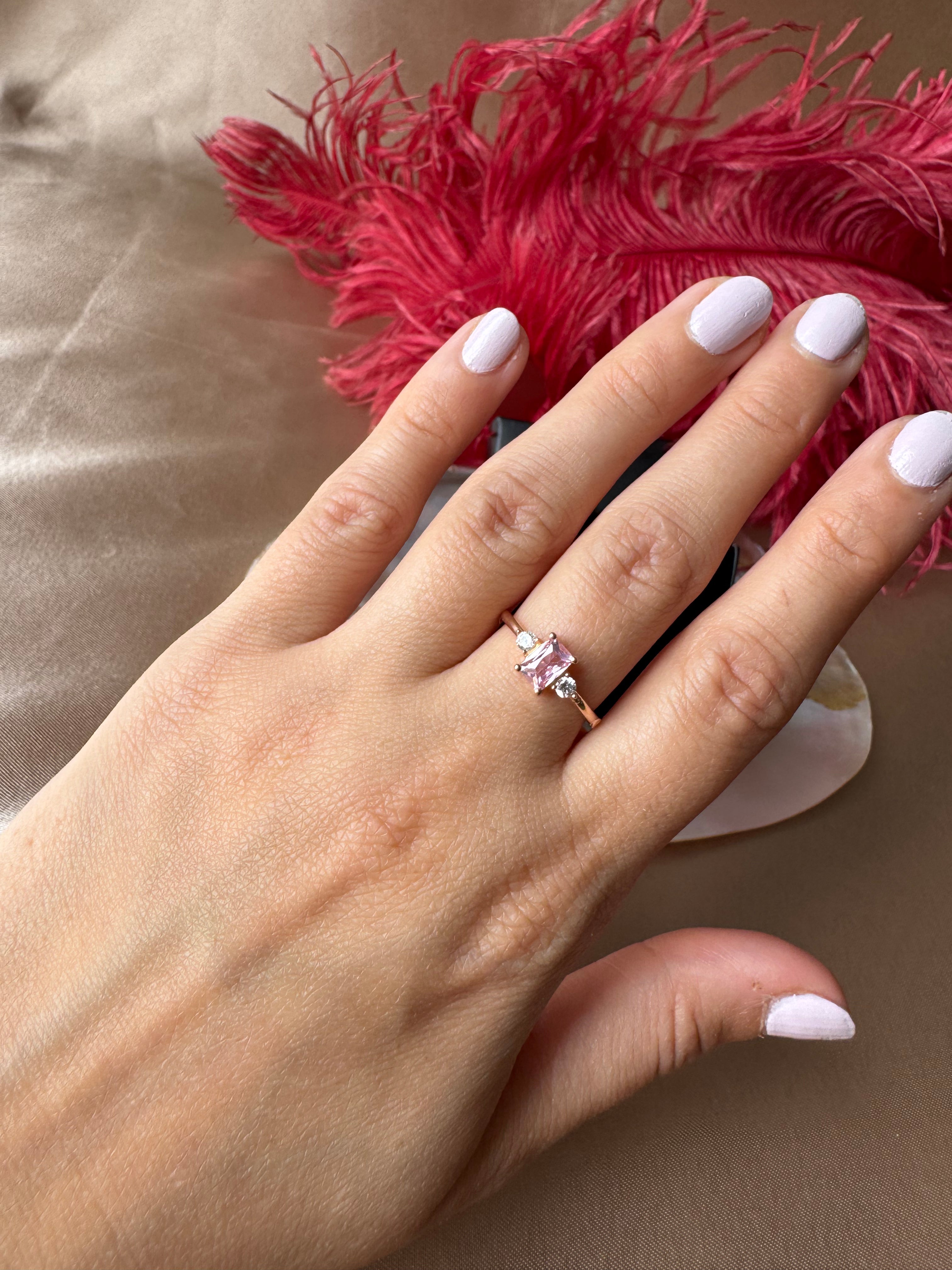 Pembe Kuvars Dikdörtgen Prenses Rose Gold Yüzük