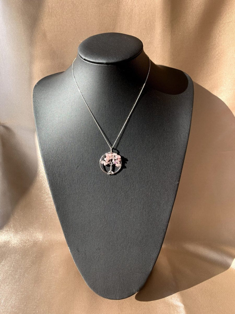 Pembe Kuvars Yuvarlak Hayat Ağacı Kolye