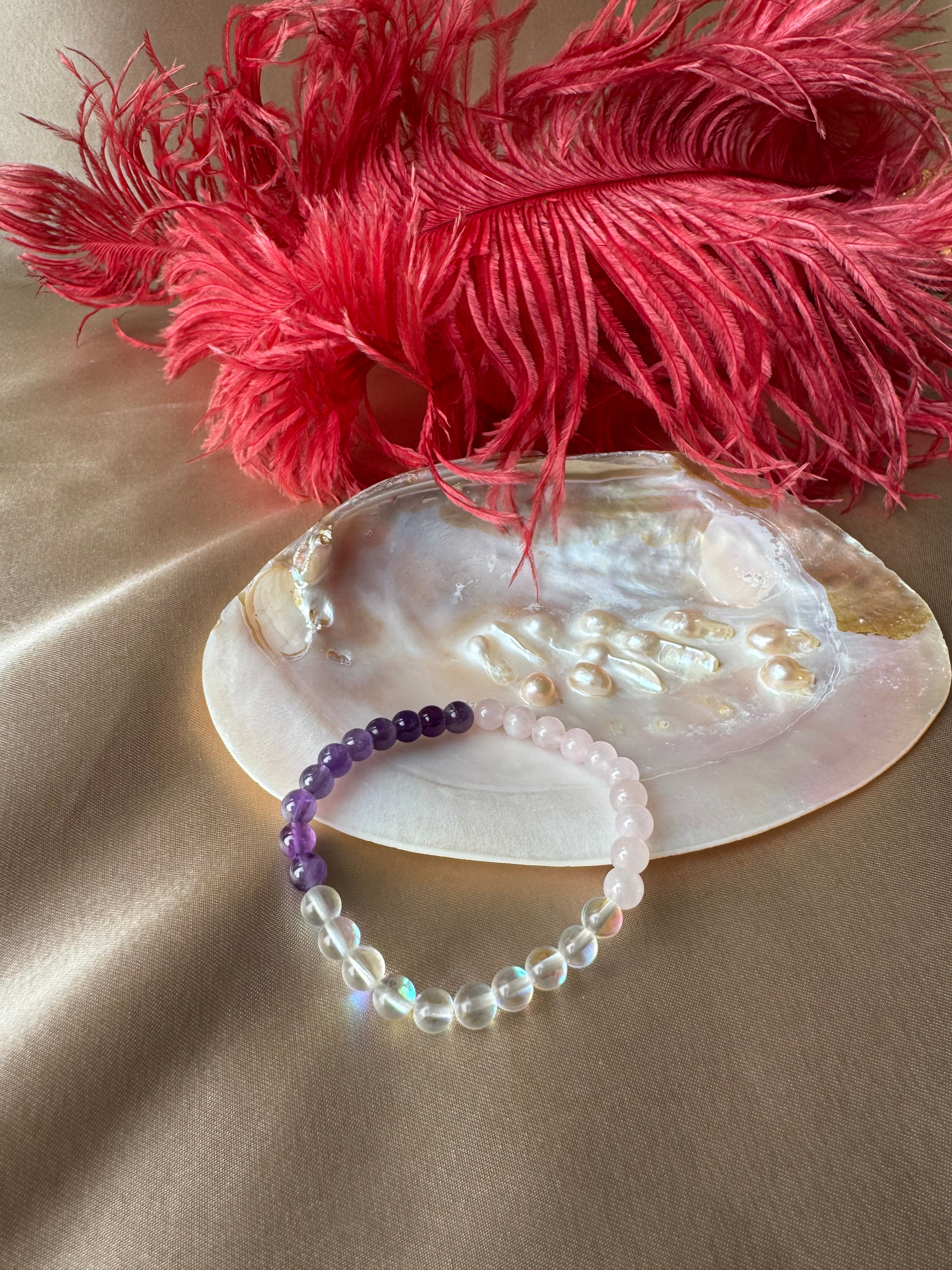 Ametist & Pembe Kuvars & Aura Kuvars Positive Vibes Bileklik (6 mm)