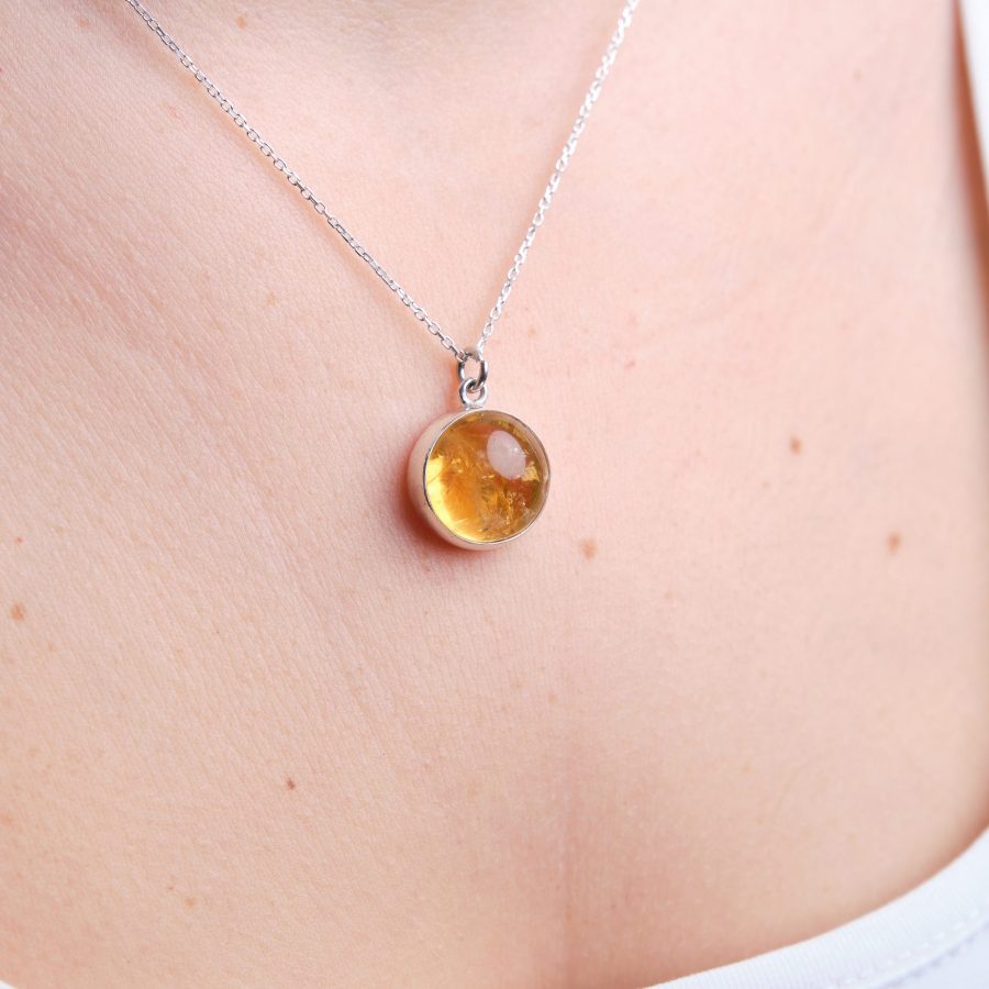 Sitrin Büyük Yuvarlak Gümüş Kolye