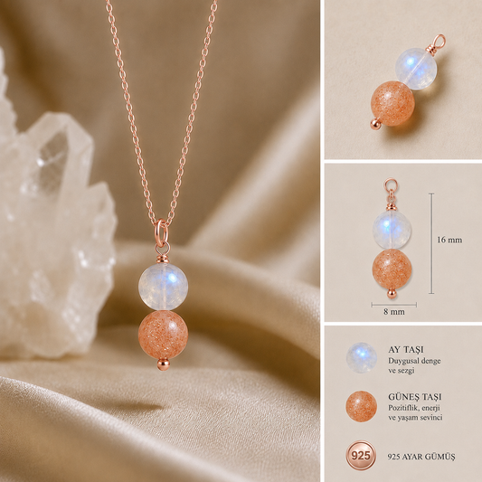 Ay Taşı & Güneş Taşı Duo Rose Gold Kolye