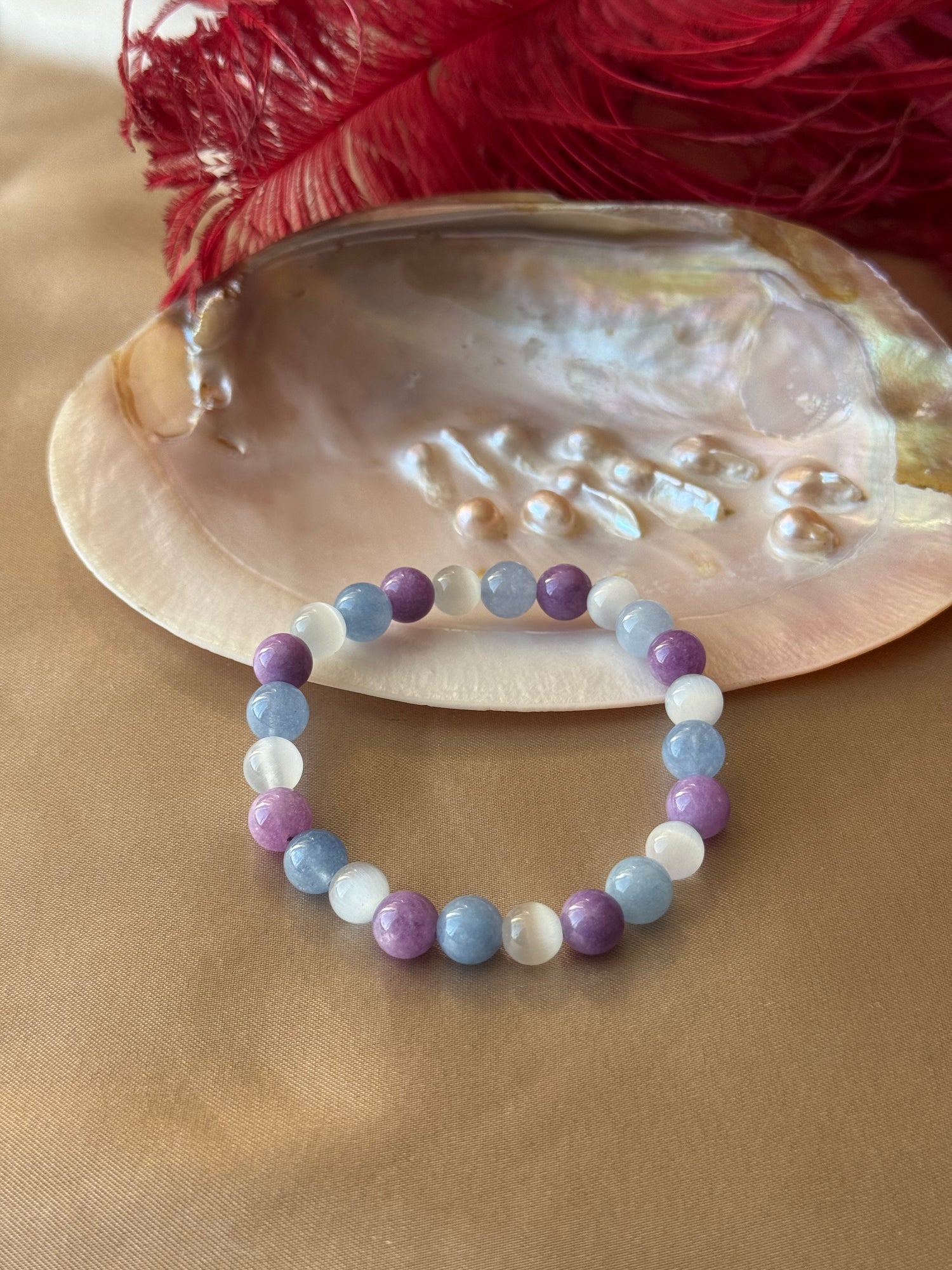 Ametist &amp; Angelit &amp; Selenit Angel Bileklik (8 mm)