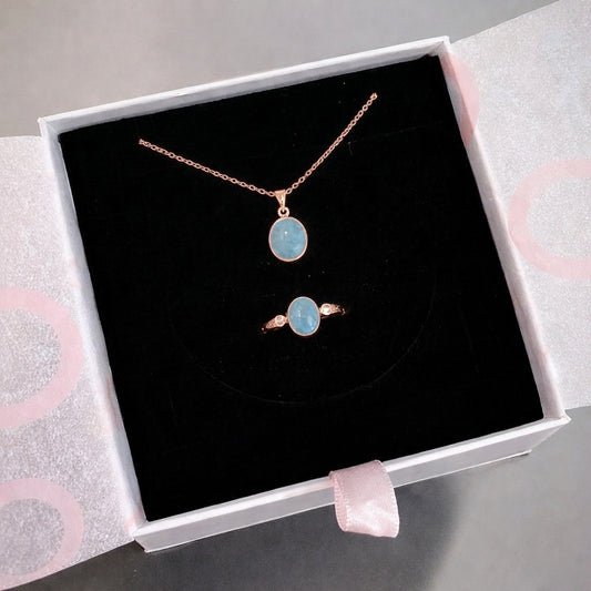 Akuamarin Minimal Kolye & Yüzük Set (Rose Gold)